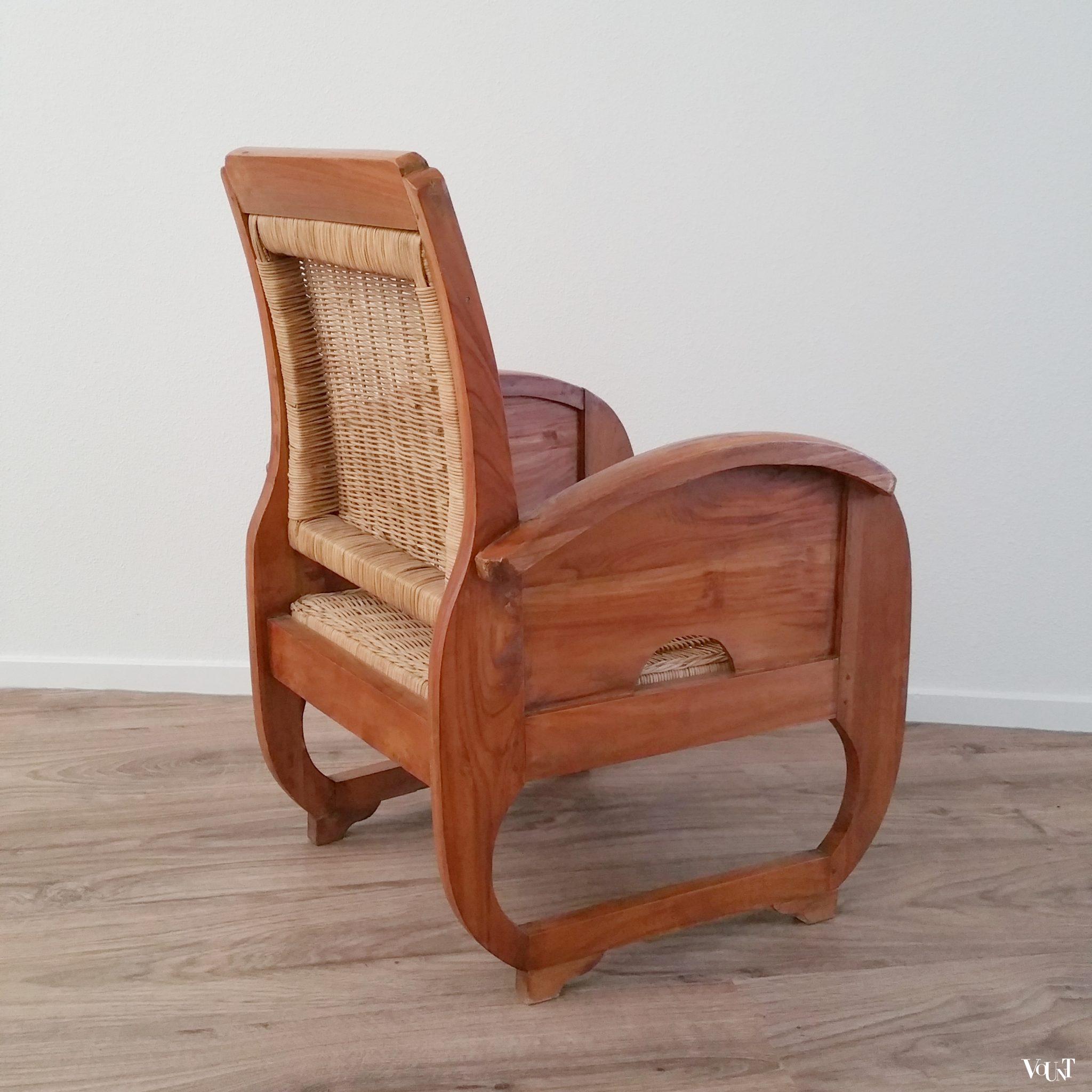 Art deco houten fauteuil met rotan zitting