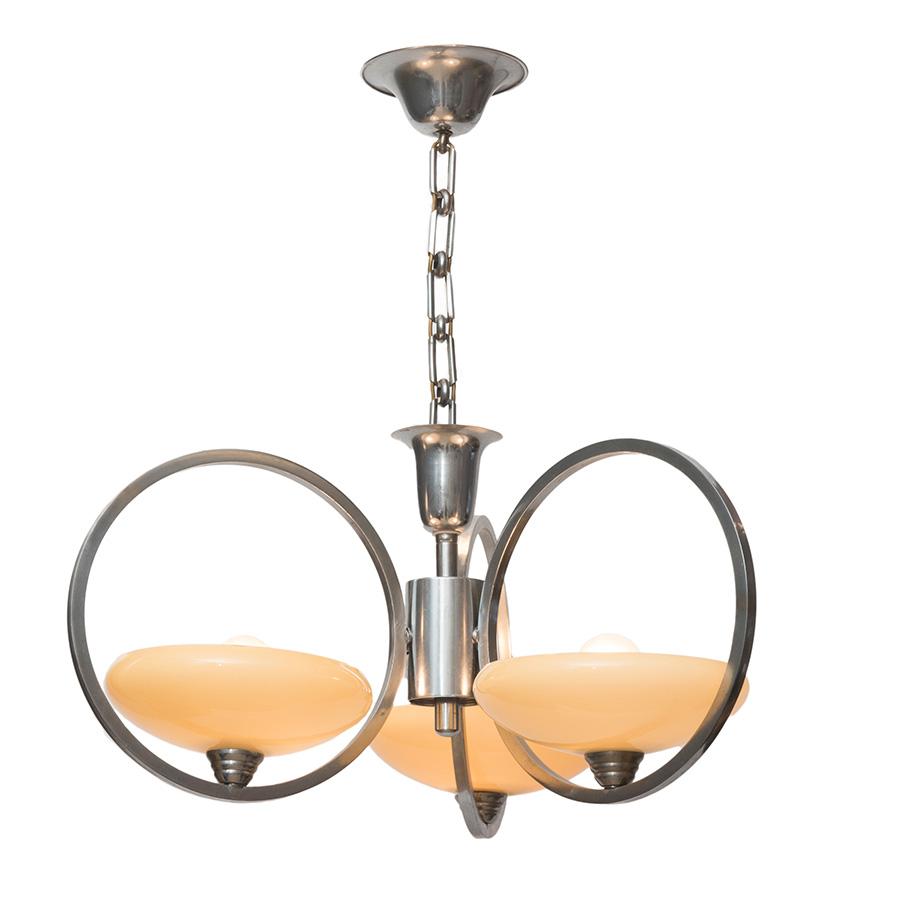 Jaren '70 "art deco" hanglamp met 3 glazen kapjes
