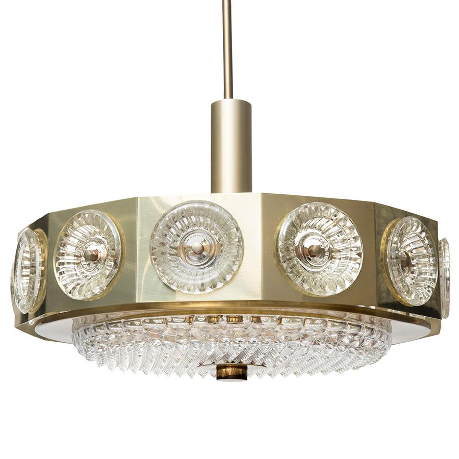 Midcentury hanglamp messingkleurig aluminium en kristalglas