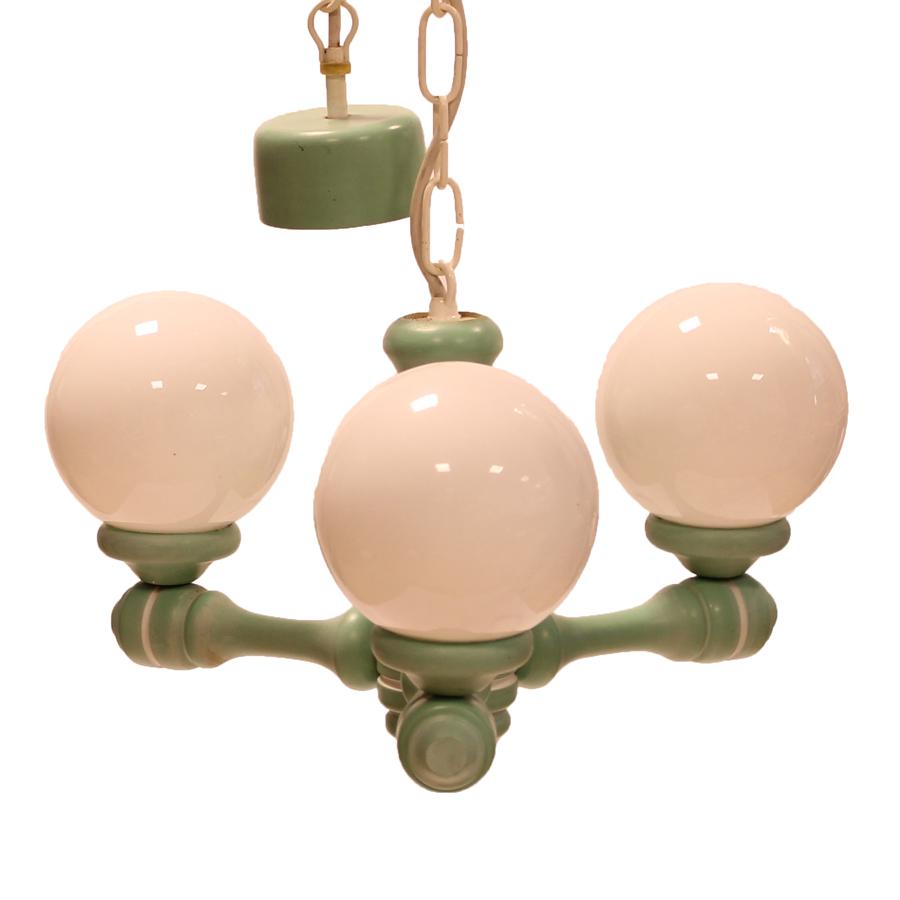 Mintgroene houten hanglamp met glazen bolletjes