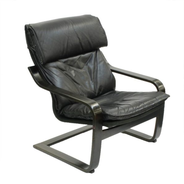 Twee zwart leren fauteuils, Scandinavië jaren '70