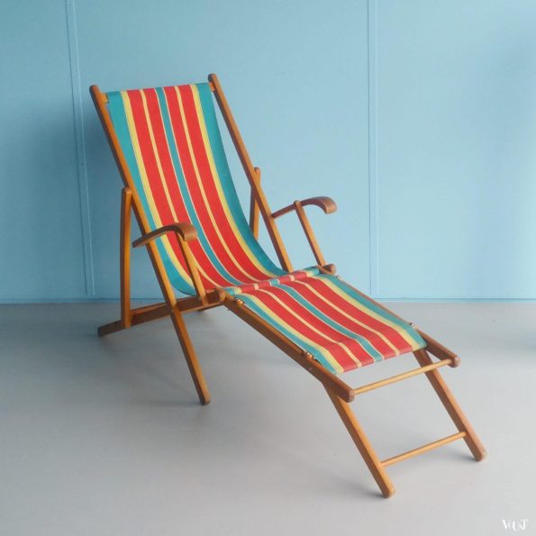 Vintage Franse strandstoel / ligstoel met voetensteun