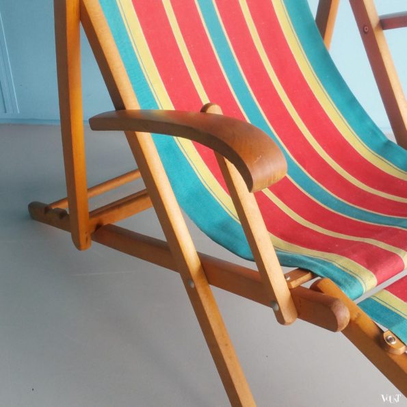 Vintage Franse strandstoel / ligstoel met voetensteun