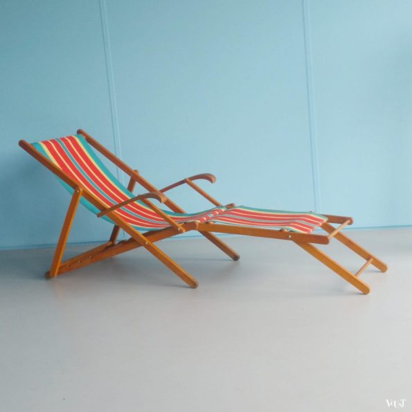 Vintage Franse strandstoel / ligstoel met voetensteun