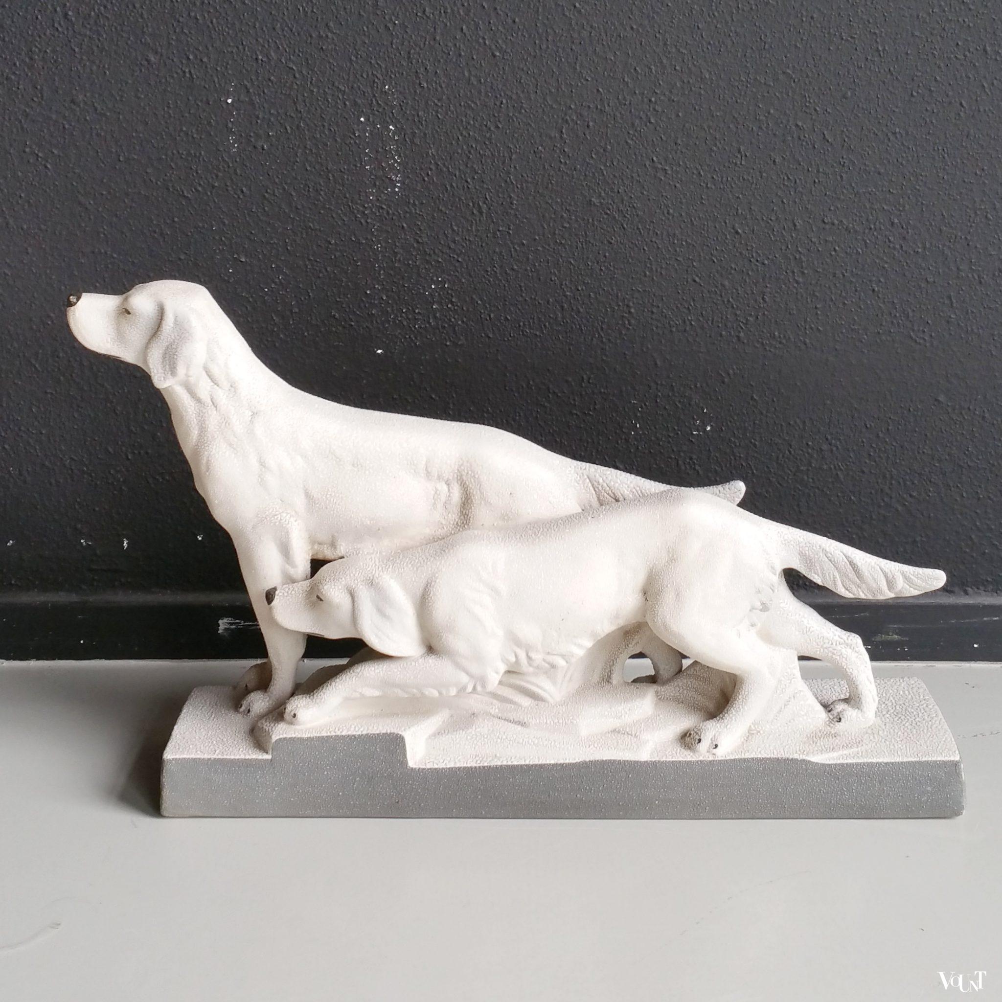 Groot Frans keramisch art deco beeld van 2 jachthonden