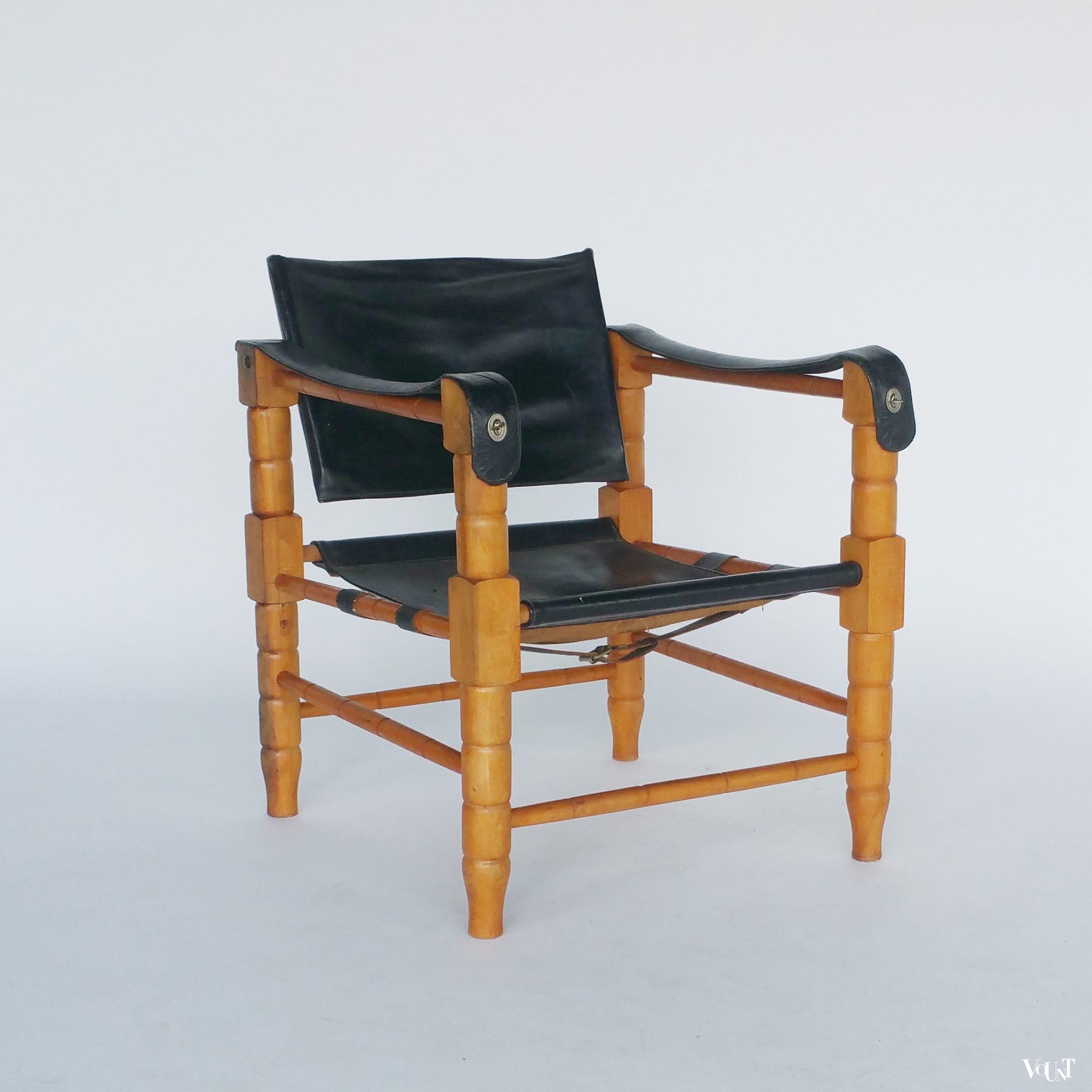 Jaren '60 safaristoel hout met zwart leer