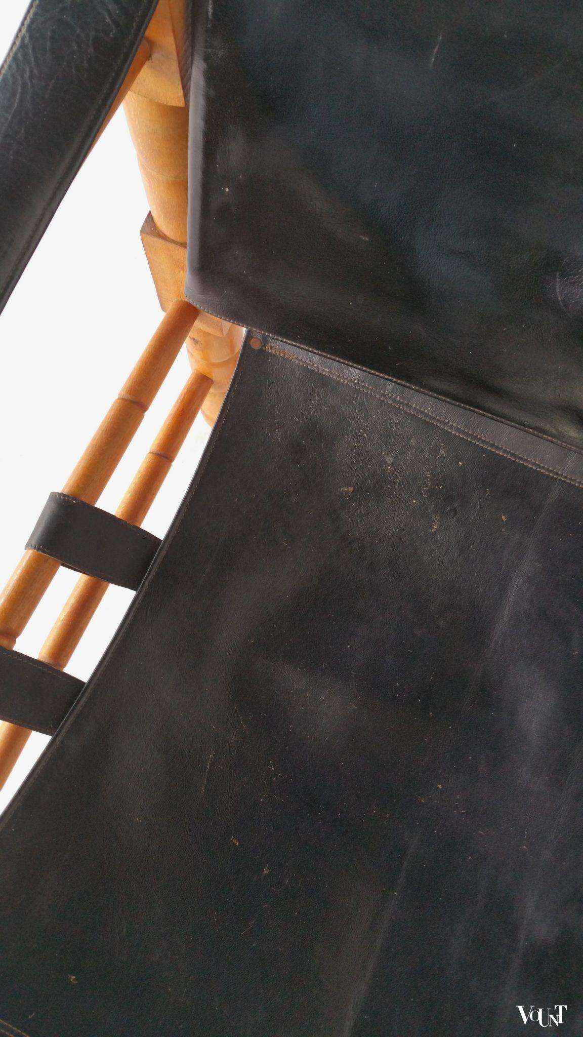 Jaren '60 safaristoel hout met zwart leer