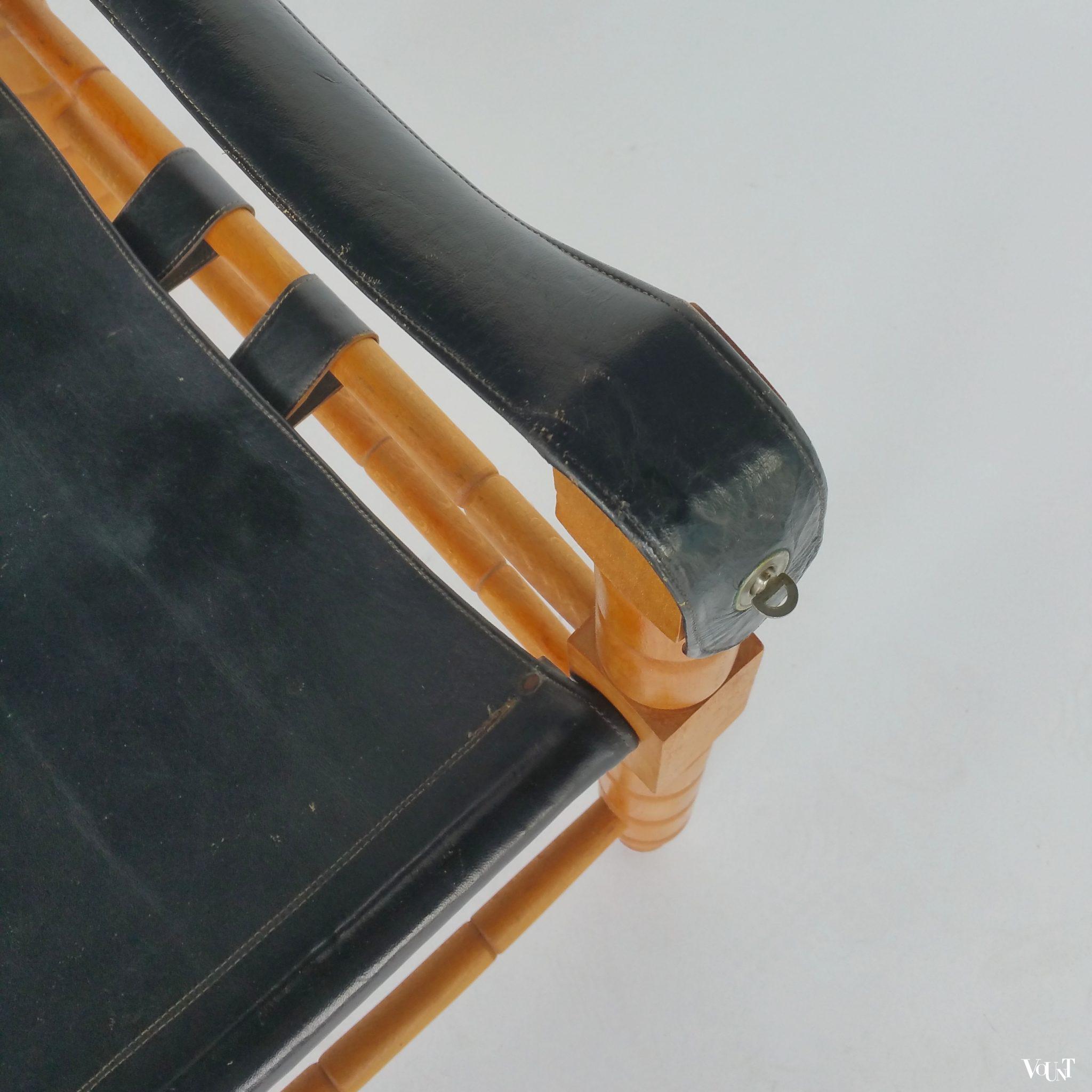 Jaren '60 safaristoel hout met zwart leer
