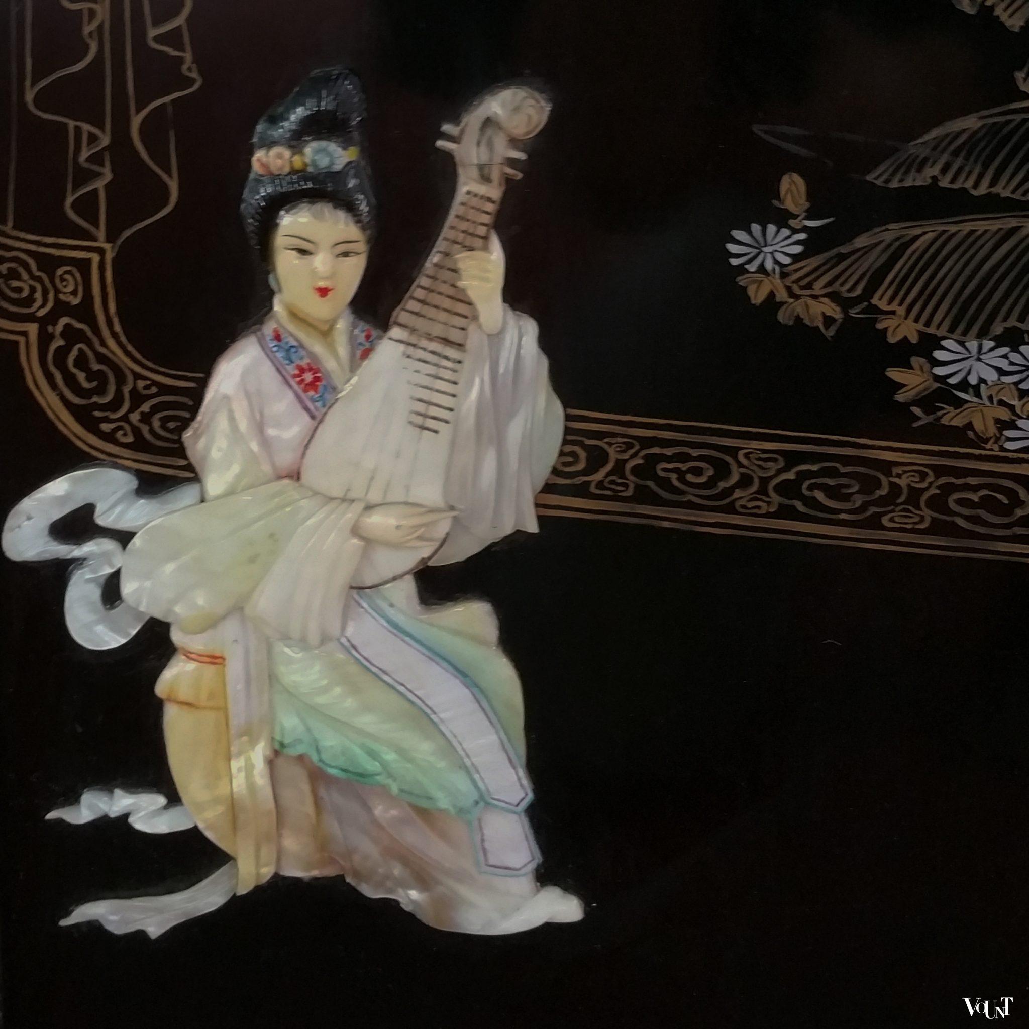 Chinees lakwerk wandpaneel met parelmoer, jaren '70