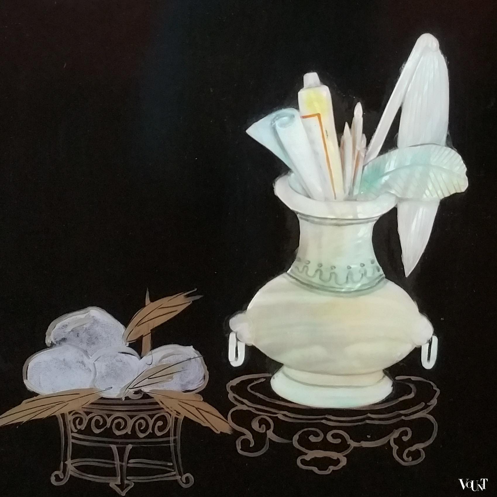 Chinees lakwerk wandpaneel met parelmoer, jaren '70