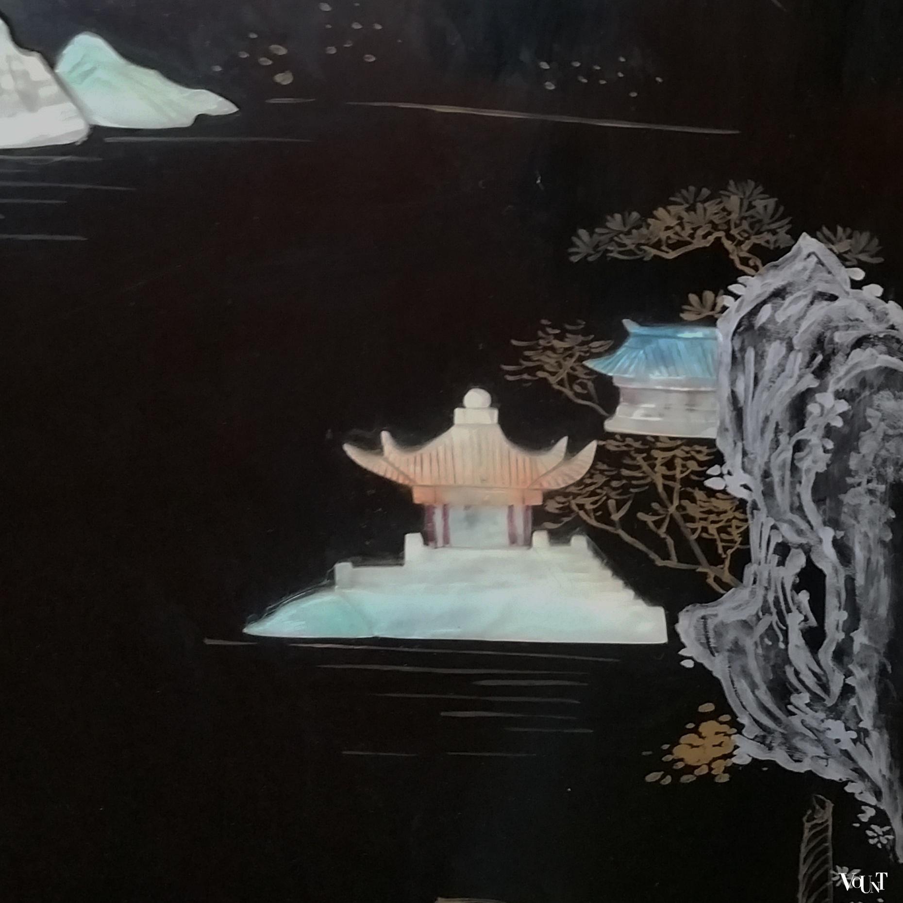 Chinees lakwerk wandpaneel met parelmoer, jaren '70