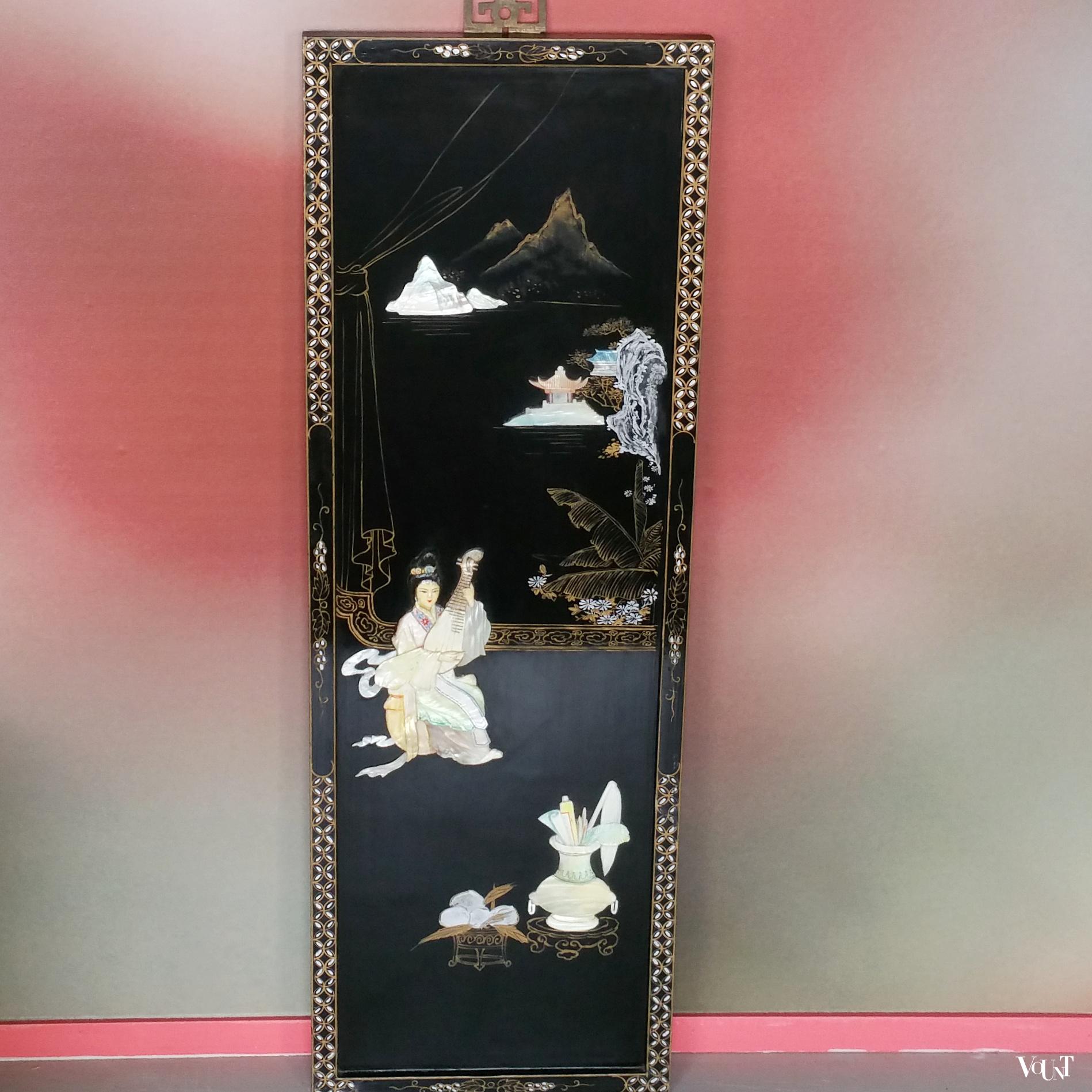 Chinees lakwerk wandpaneel met parelmoer, jaren '70