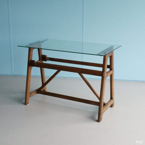Sidetable antieke houten bok met glasplaat