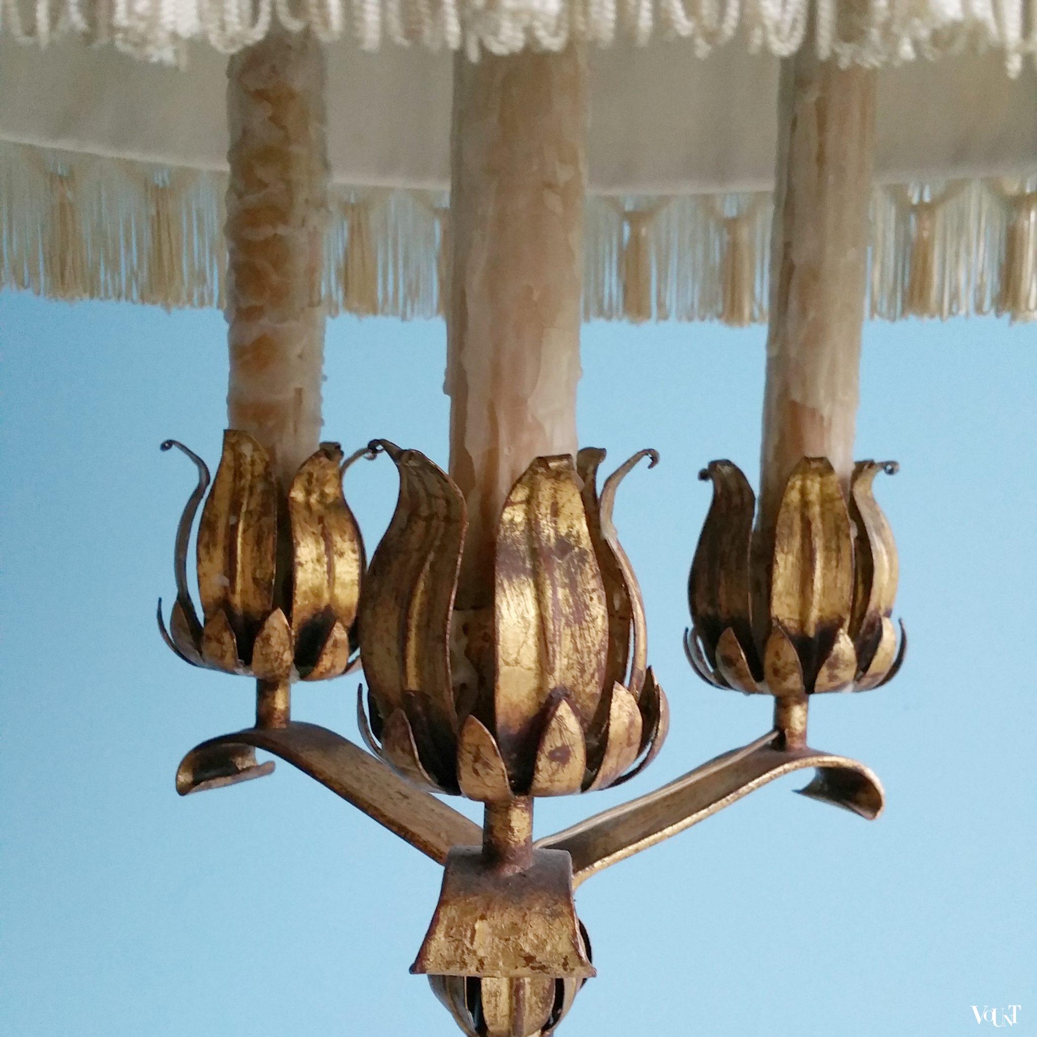 Vuurvergulde staande lamp met “kaarsen”, jaren ‘50/’60