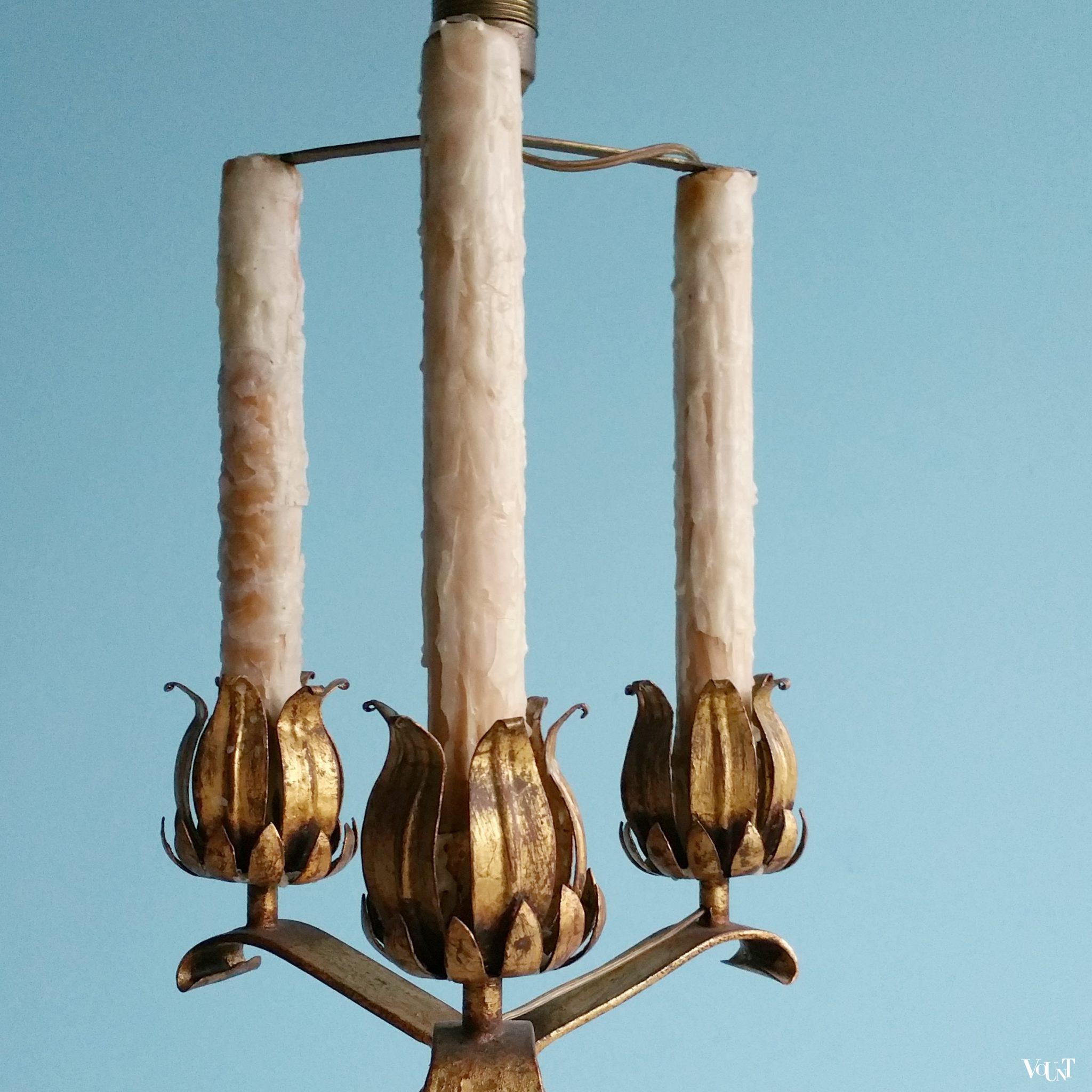 Vuurvergulde staande lamp met “kaarsen”, jaren ‘50/’60