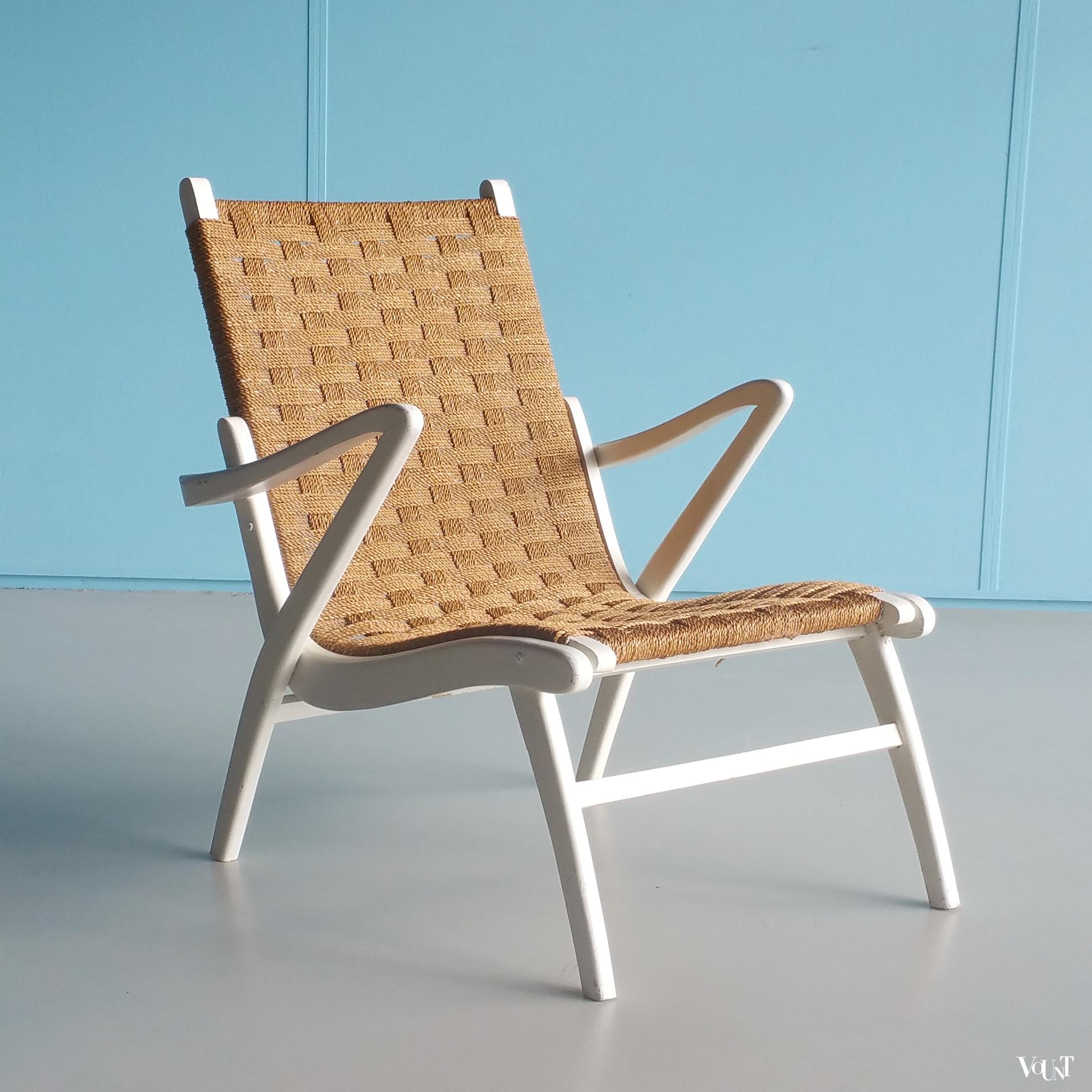Vintage fauteuil hout met touw, attr. Gispen, jaren '40