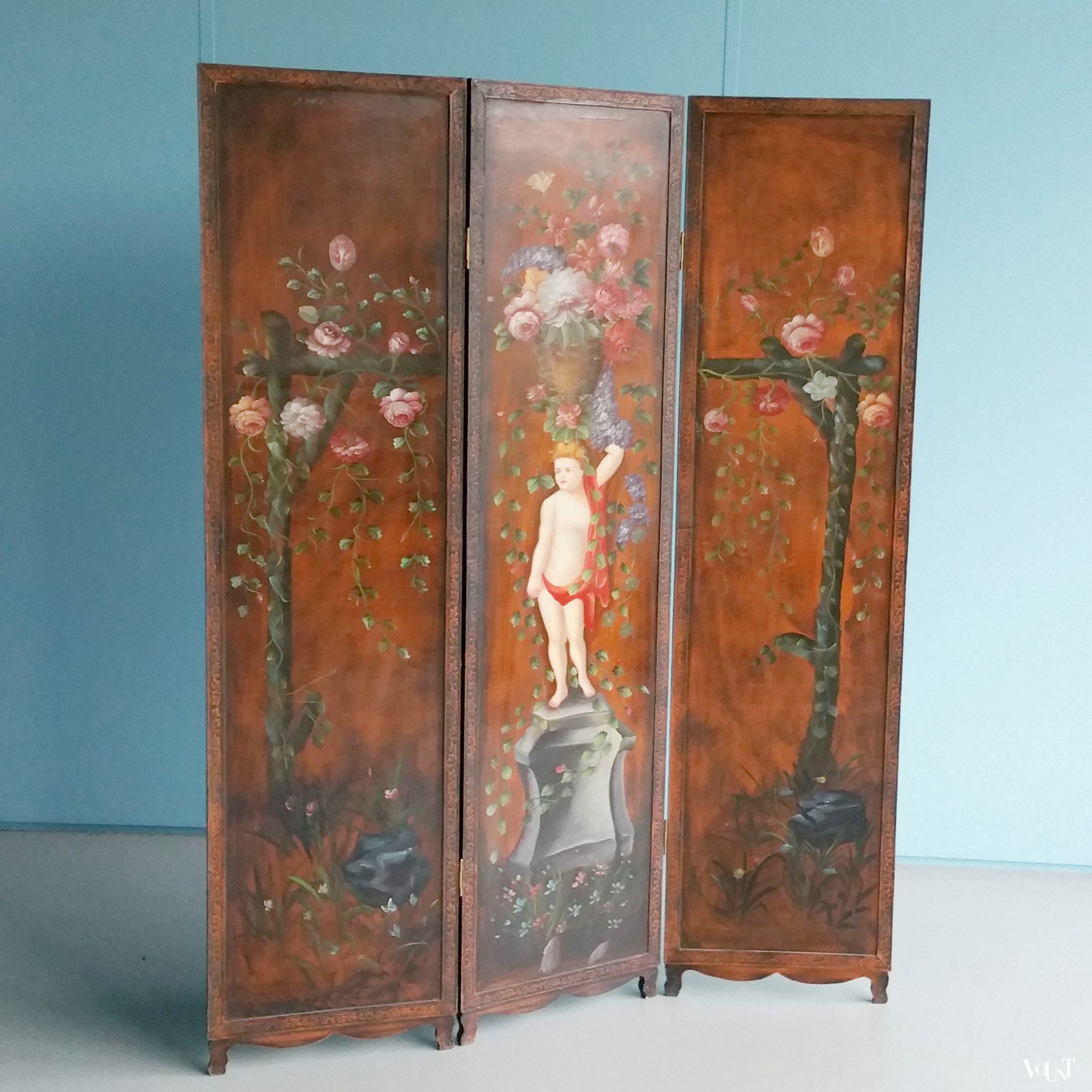 Antiek houten handbeschilderd drieslags kamerscherm