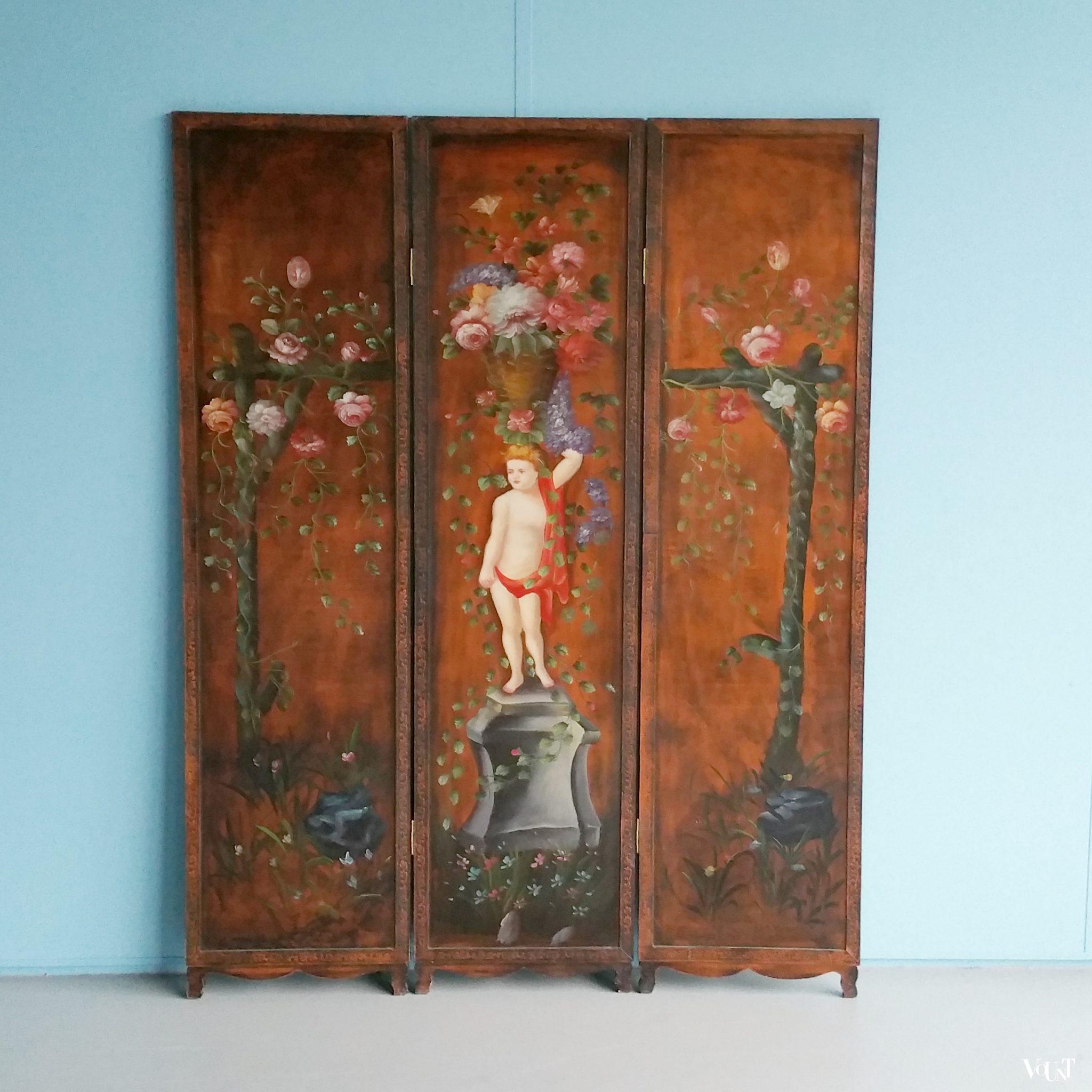 Antiek houten handbeschilderd drieslags kamerscherm