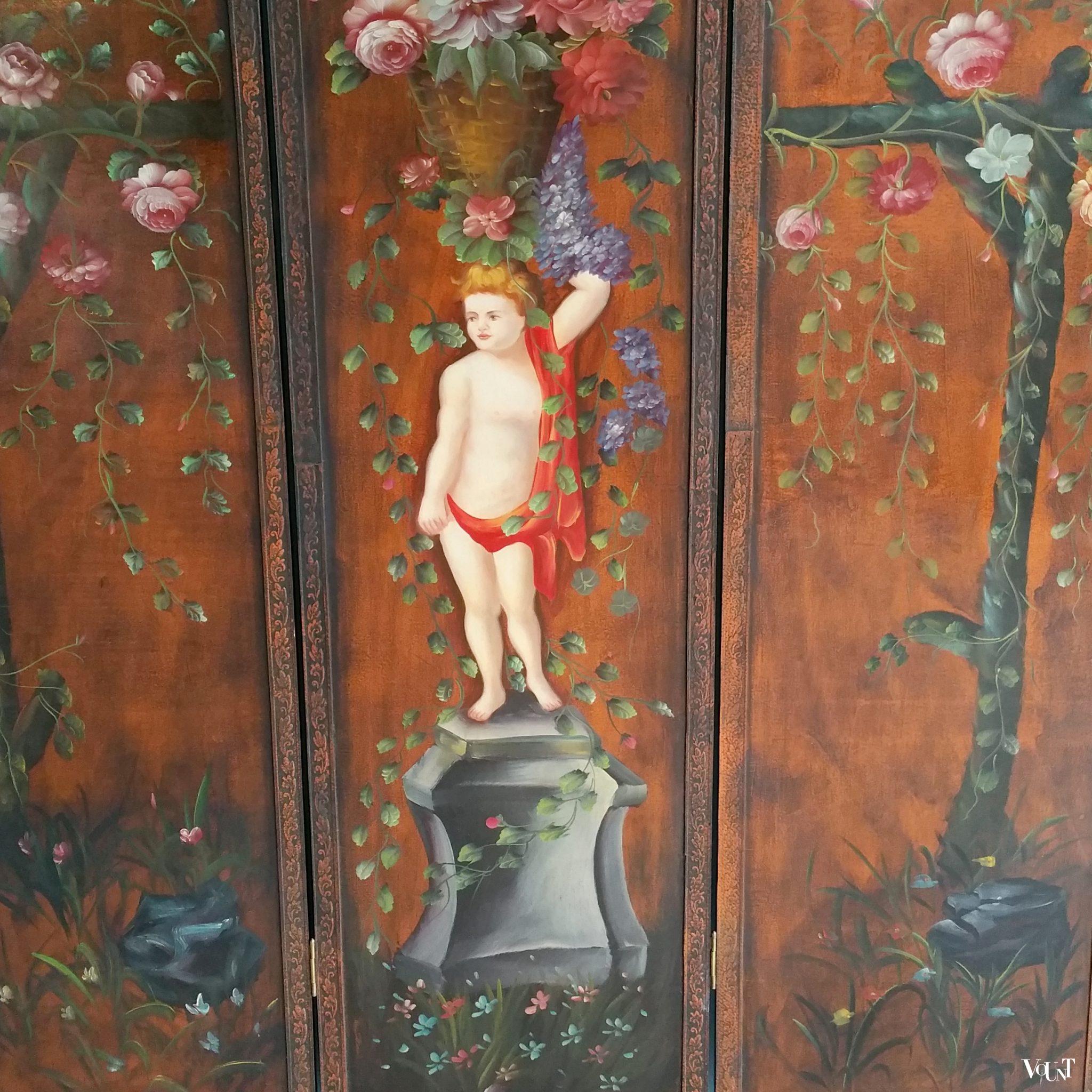 Antiek houten handbeschilderd drieslags kamerscherm