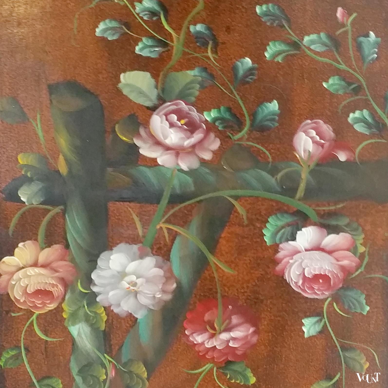 Antiek houten handbeschilderd drieslags kamerscherm