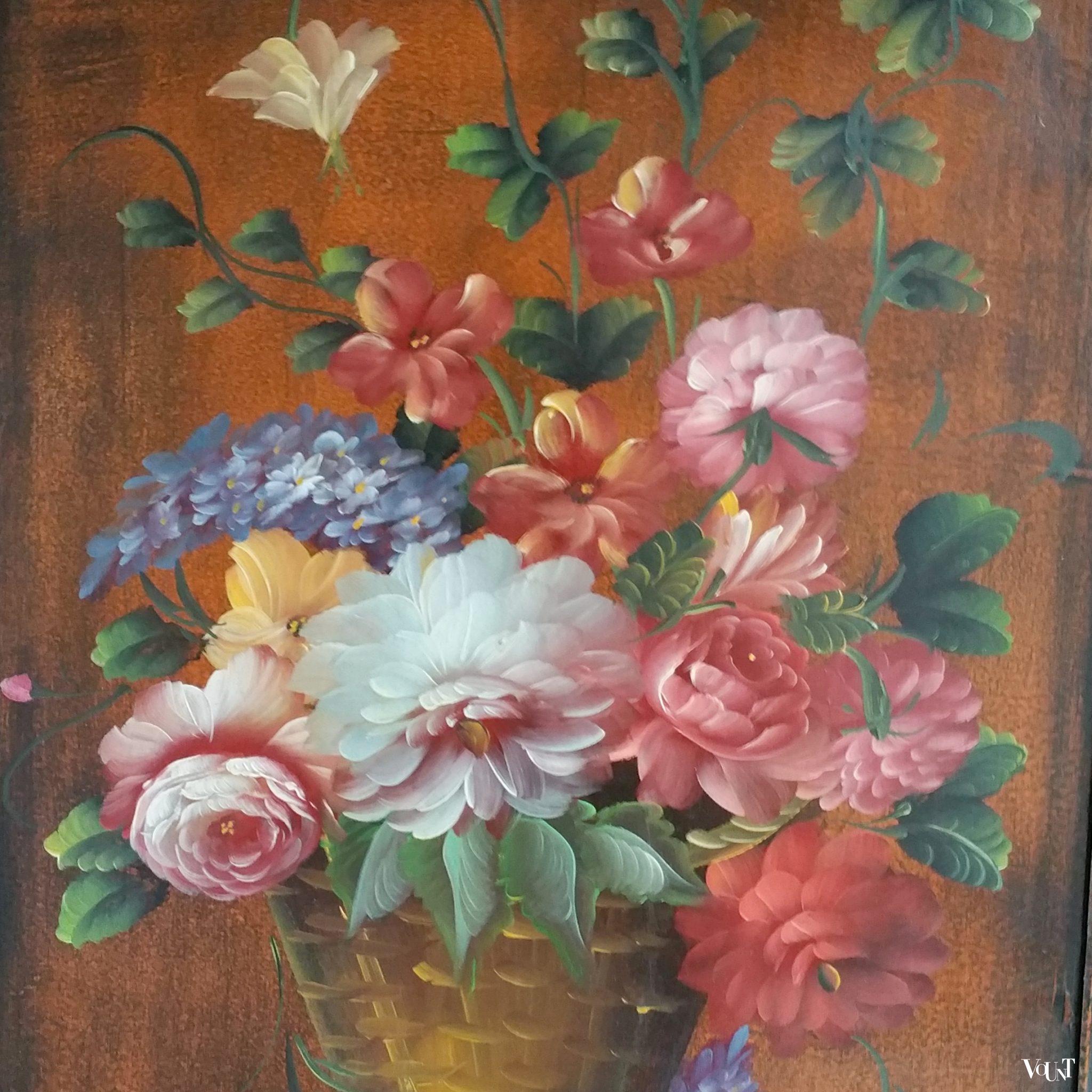 Antiek houten handbeschilderd drieslags kamerscherm