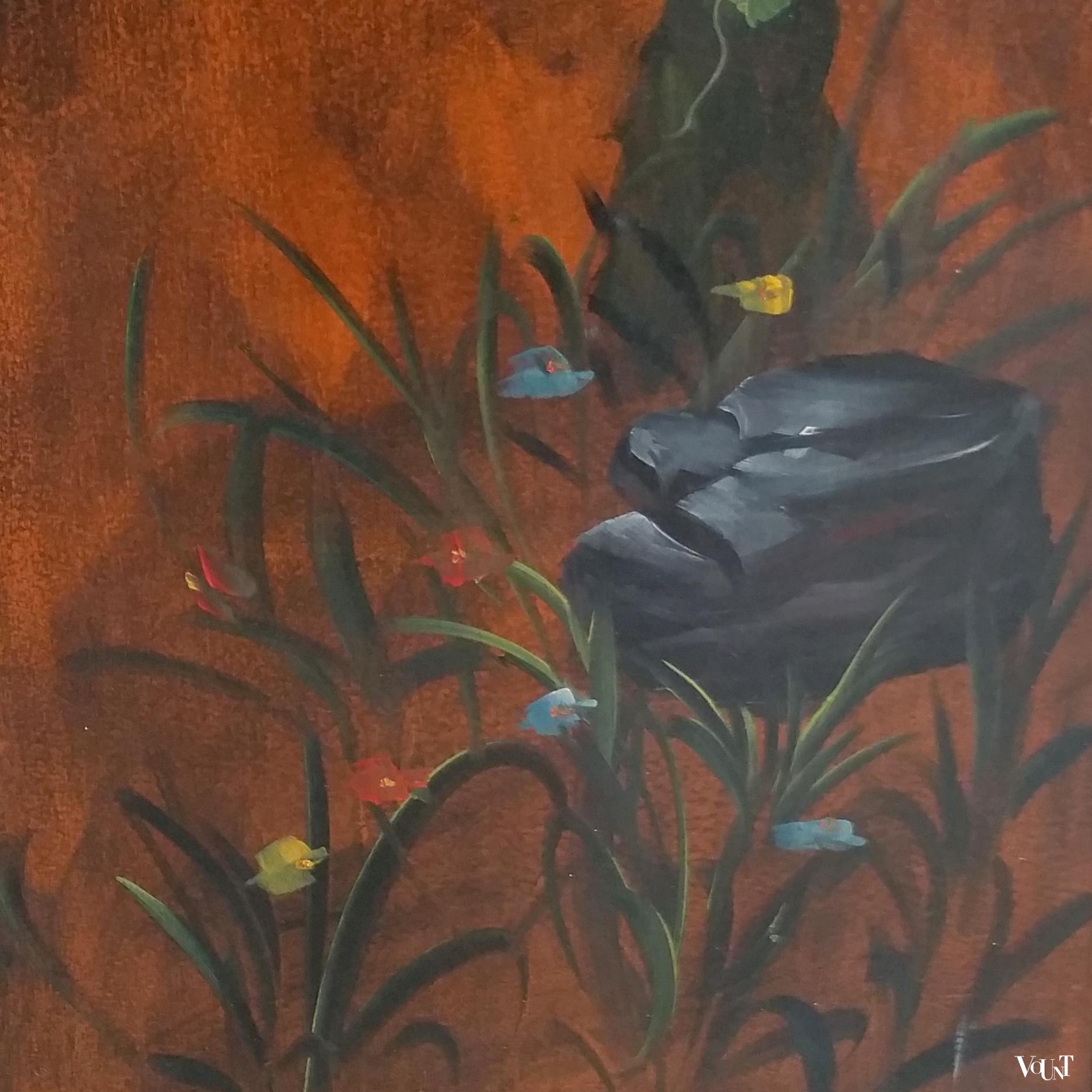 Antiek houten handbeschilderd drieslags kamerscherm