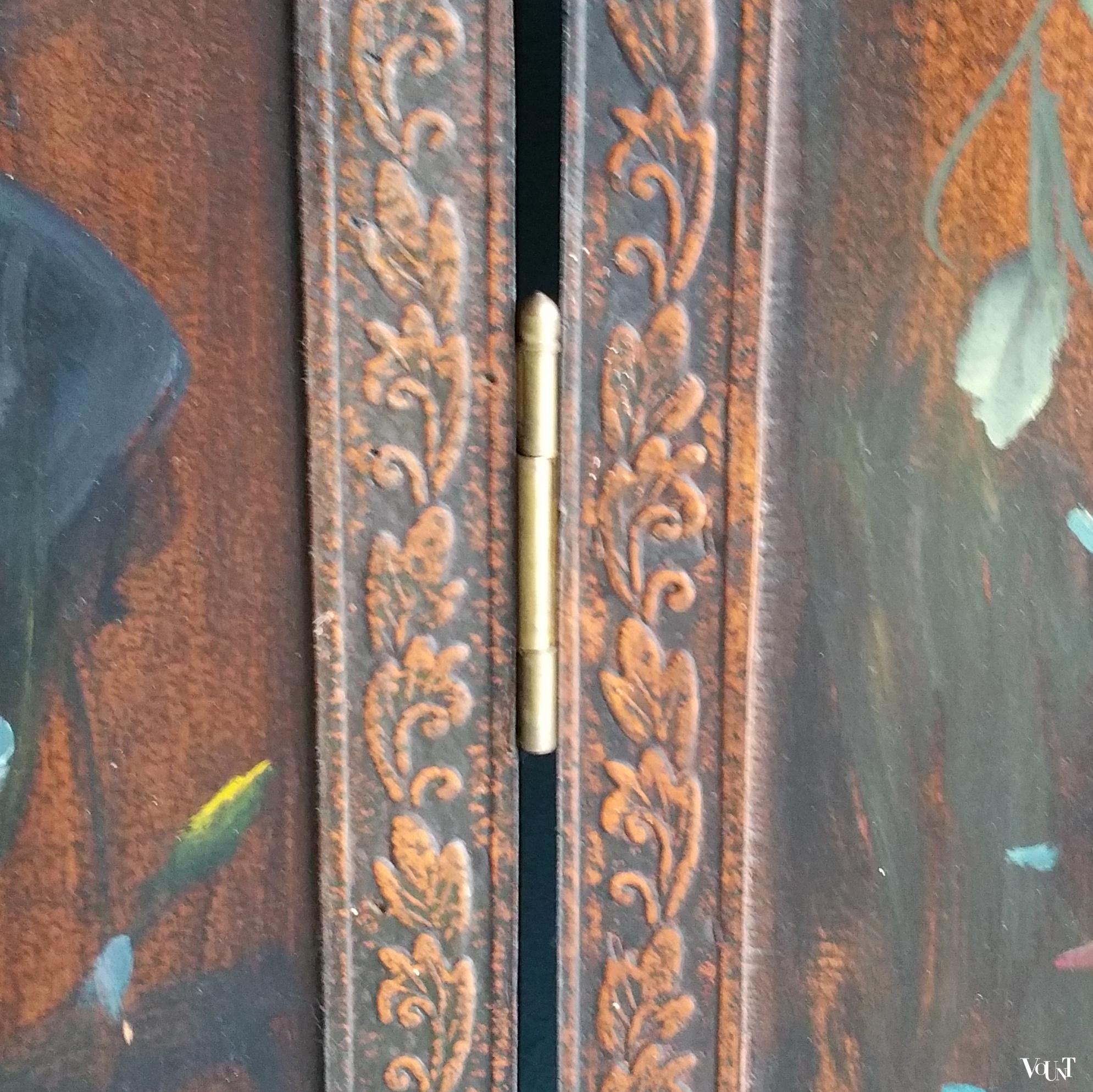 Antiek houten handbeschilderd drieslags kamerscherm