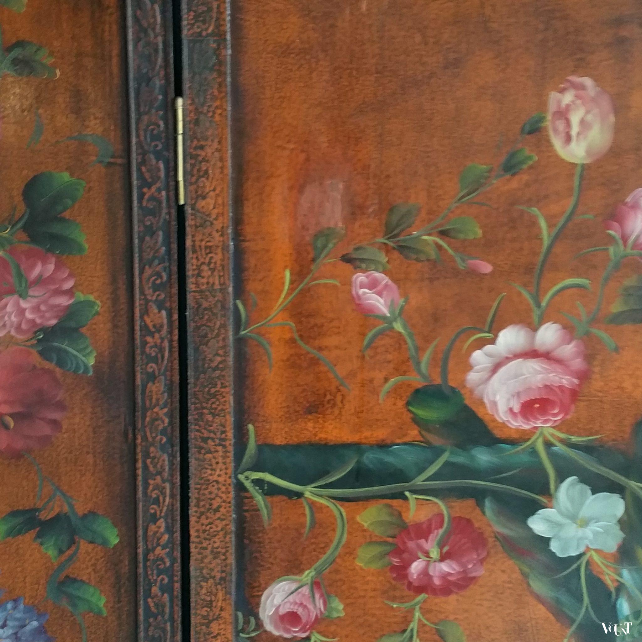 Antiek houten handbeschilderd drieslags kamerscherm