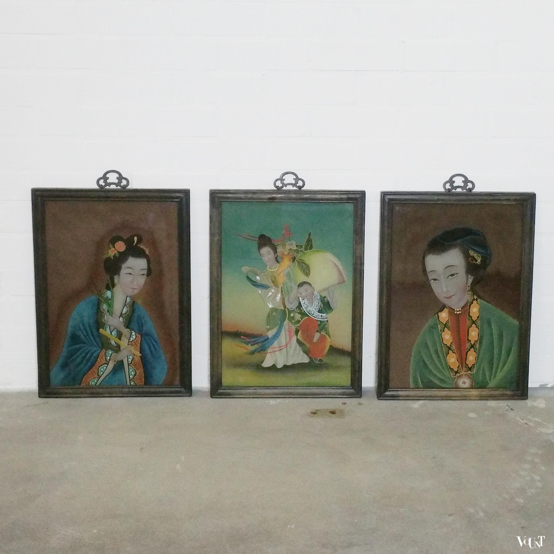 alarm vasthouden is genoeg Set van 3 achter glas geschilderde Chinese schilderijen