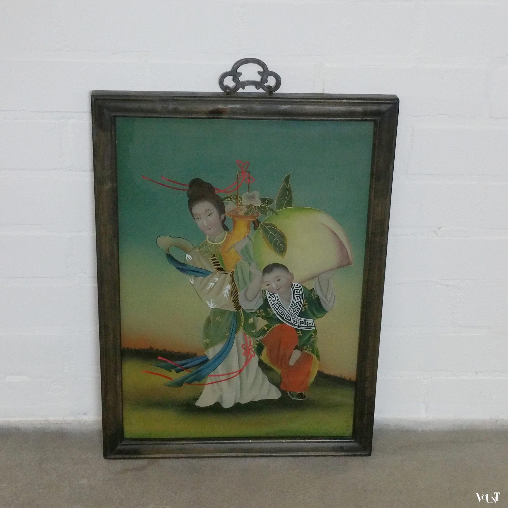 Set van 3 achter glas geschilderde Chinese schilderijen