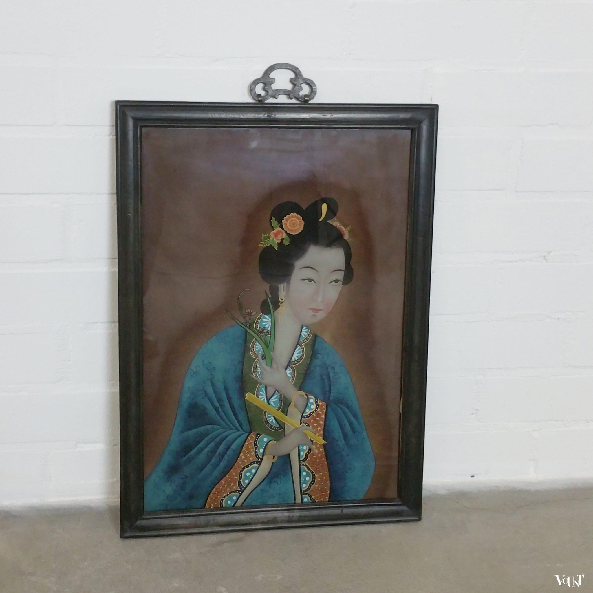 Set van 3 achter glas geschilderde Chinese schilderijen