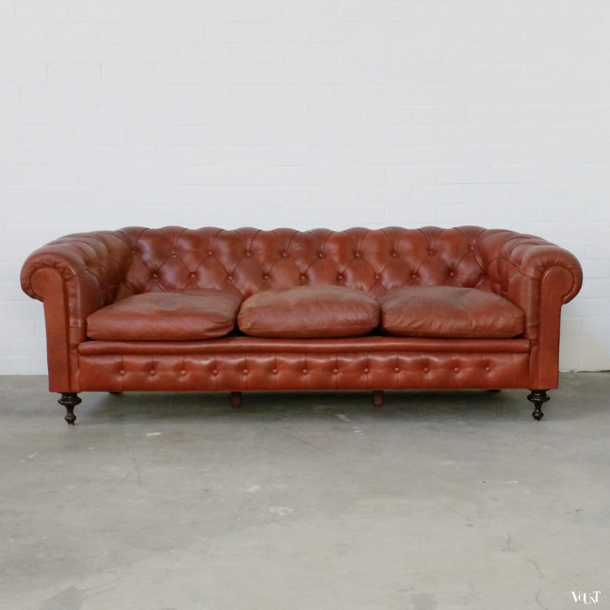 Vintage roodbruine 3-zits Chesterfield bank, jaren '60/'70