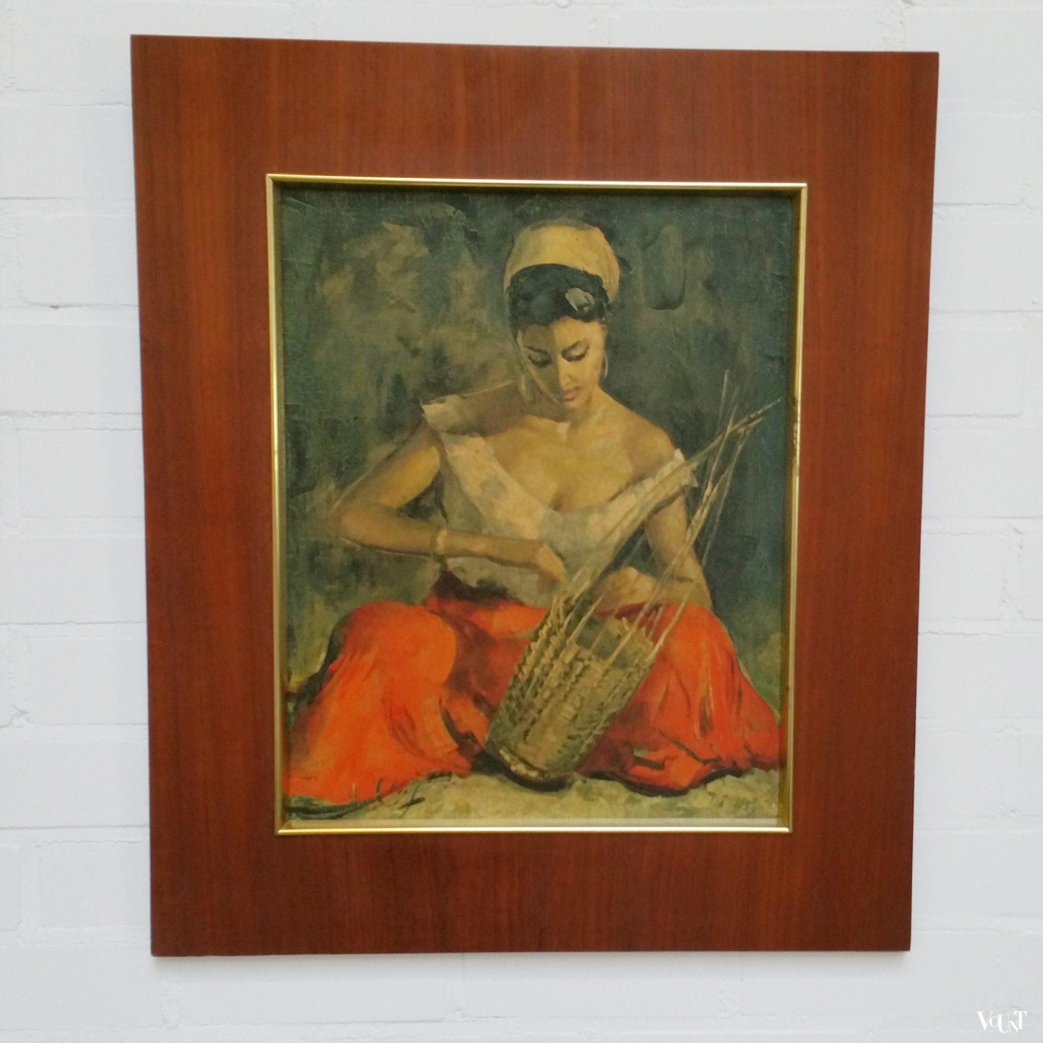 Reproductie De Mandenvlechtster in teakhouten lijst, jaren '60