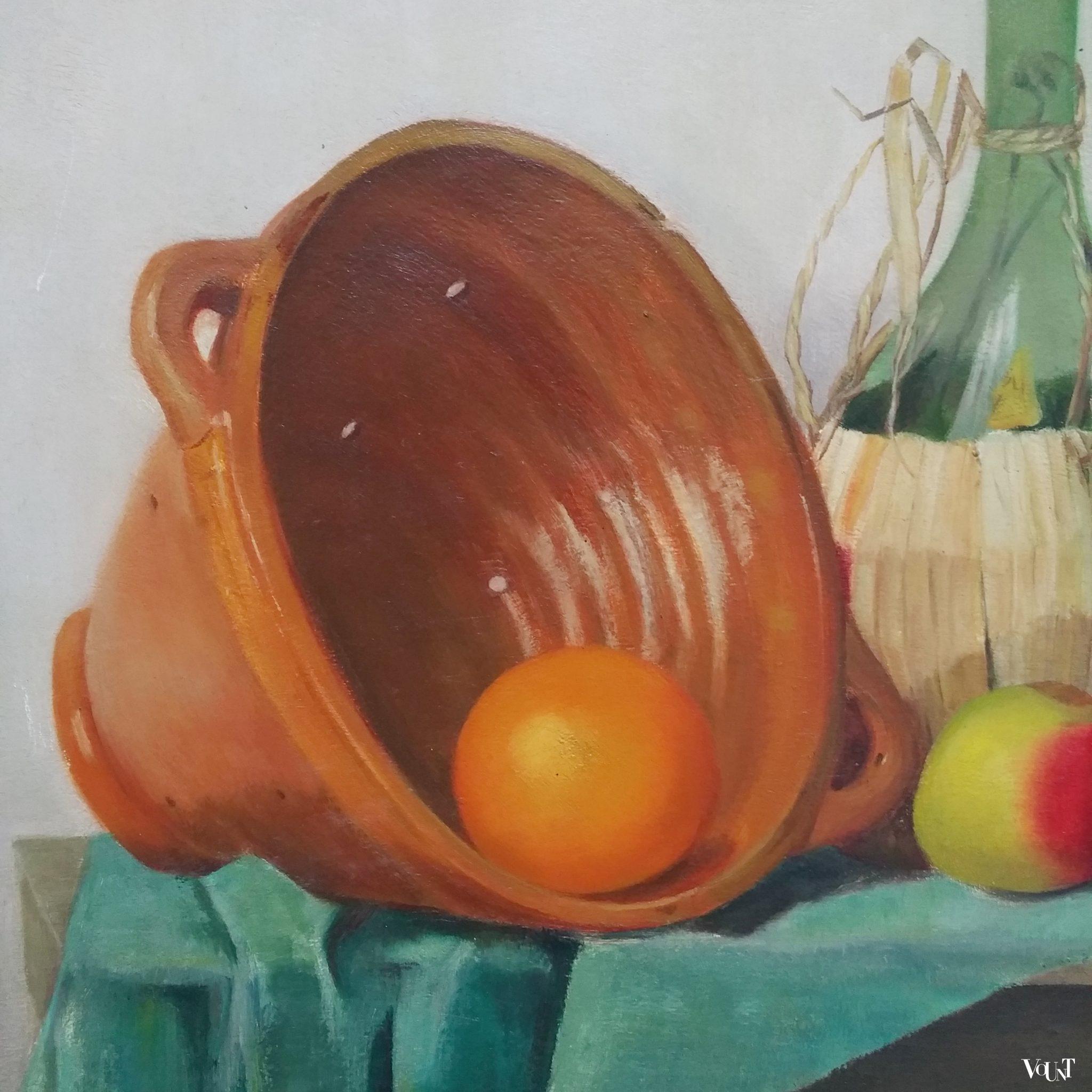 Vintage stilleven met schaal, fles en fruit, E.W. Ligthart