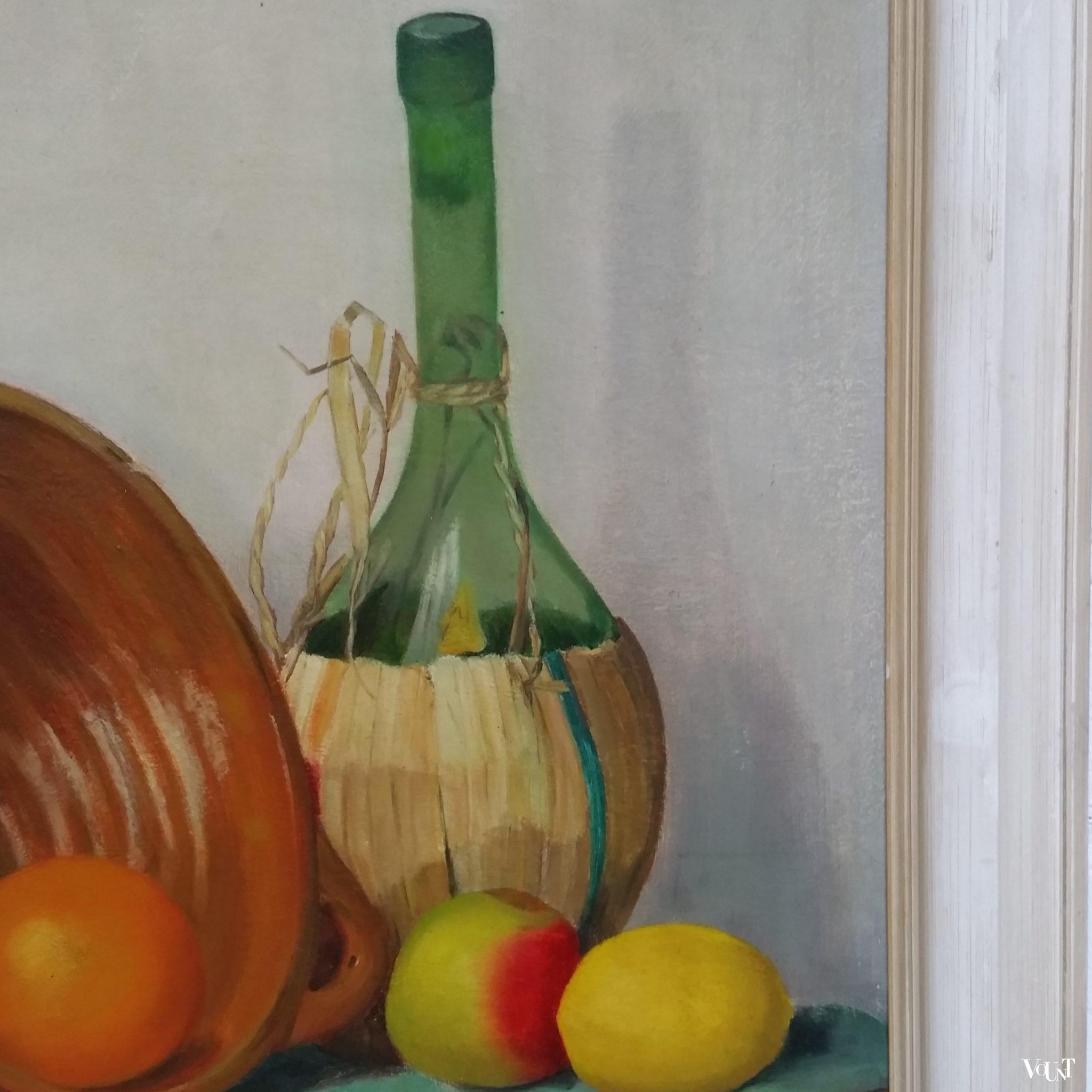 Vintage stilleven met schaal, fles en fruit, E.W. Ligthart