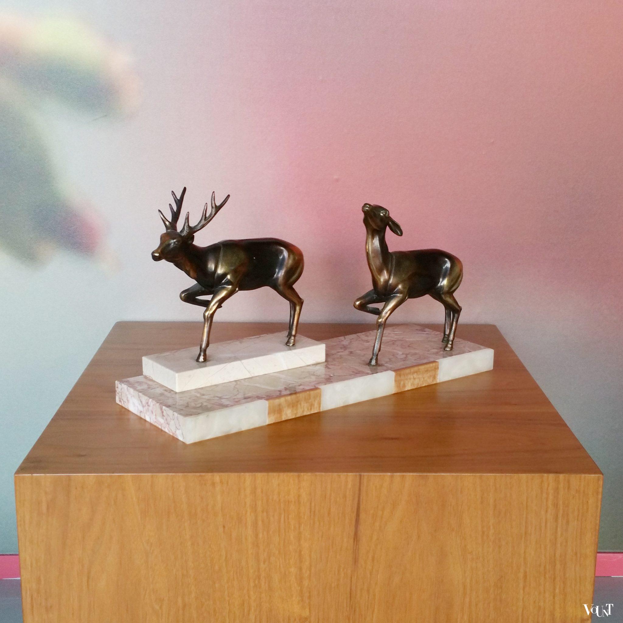 Art deco marmeren plateau met twee herten, jaren '30/'40
