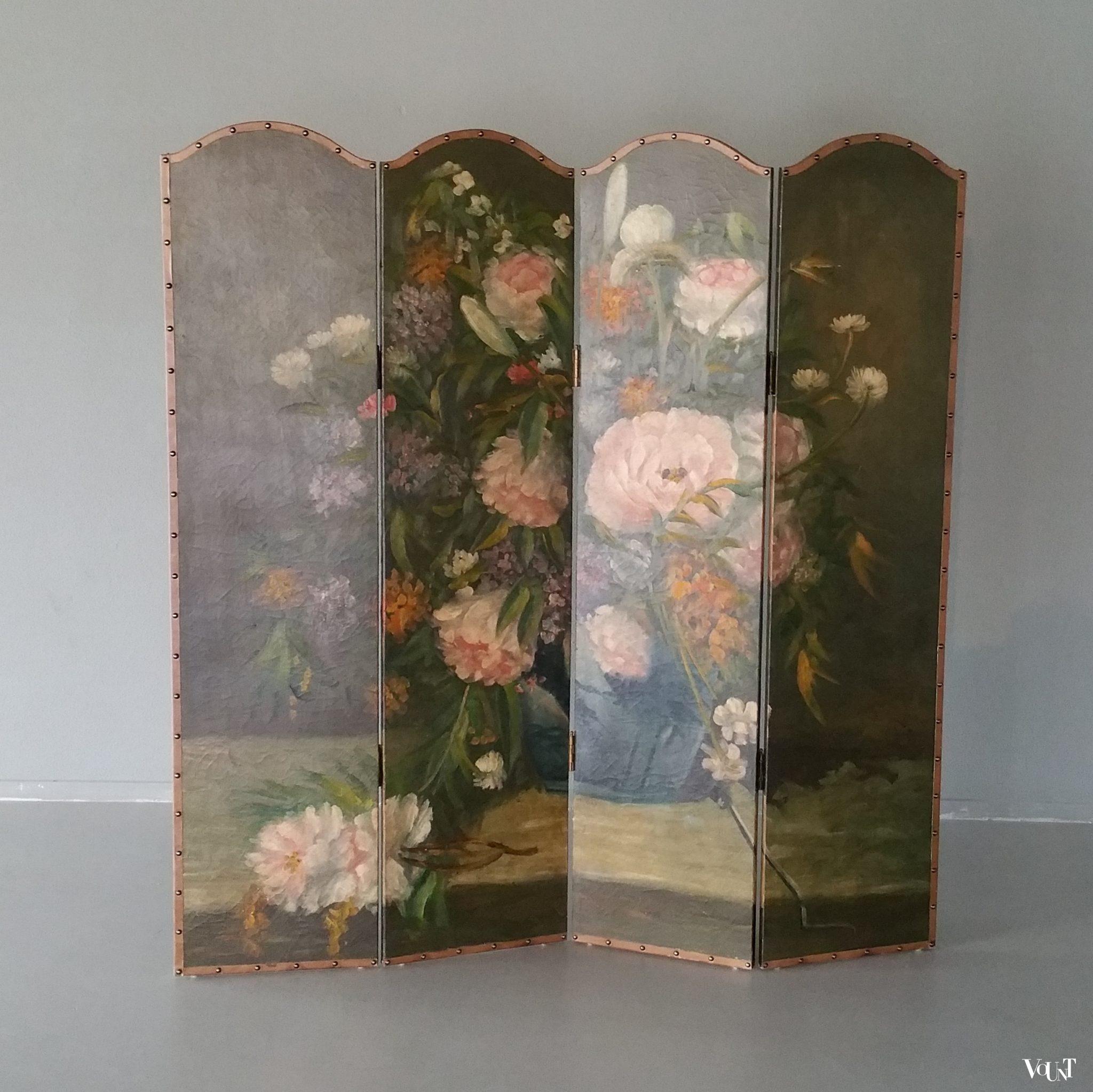 Vintage vierslags handbeschilderd kamerscherm, ca. jaren '50