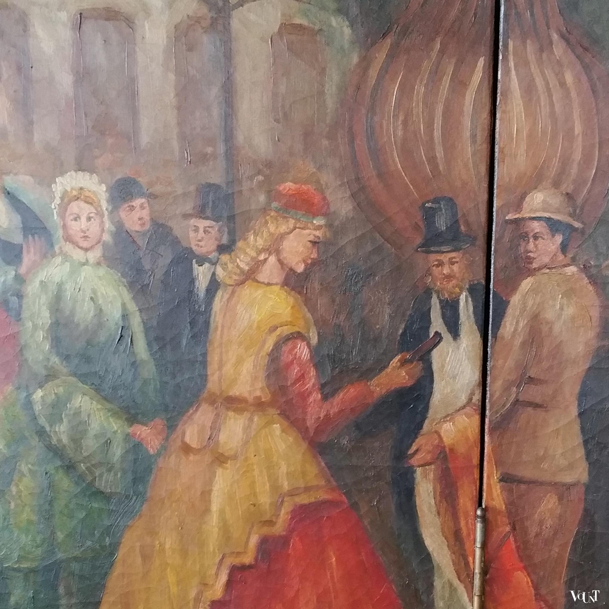 Vintage vierslags handbeschilderd kamerscherm, ca. jaren '50