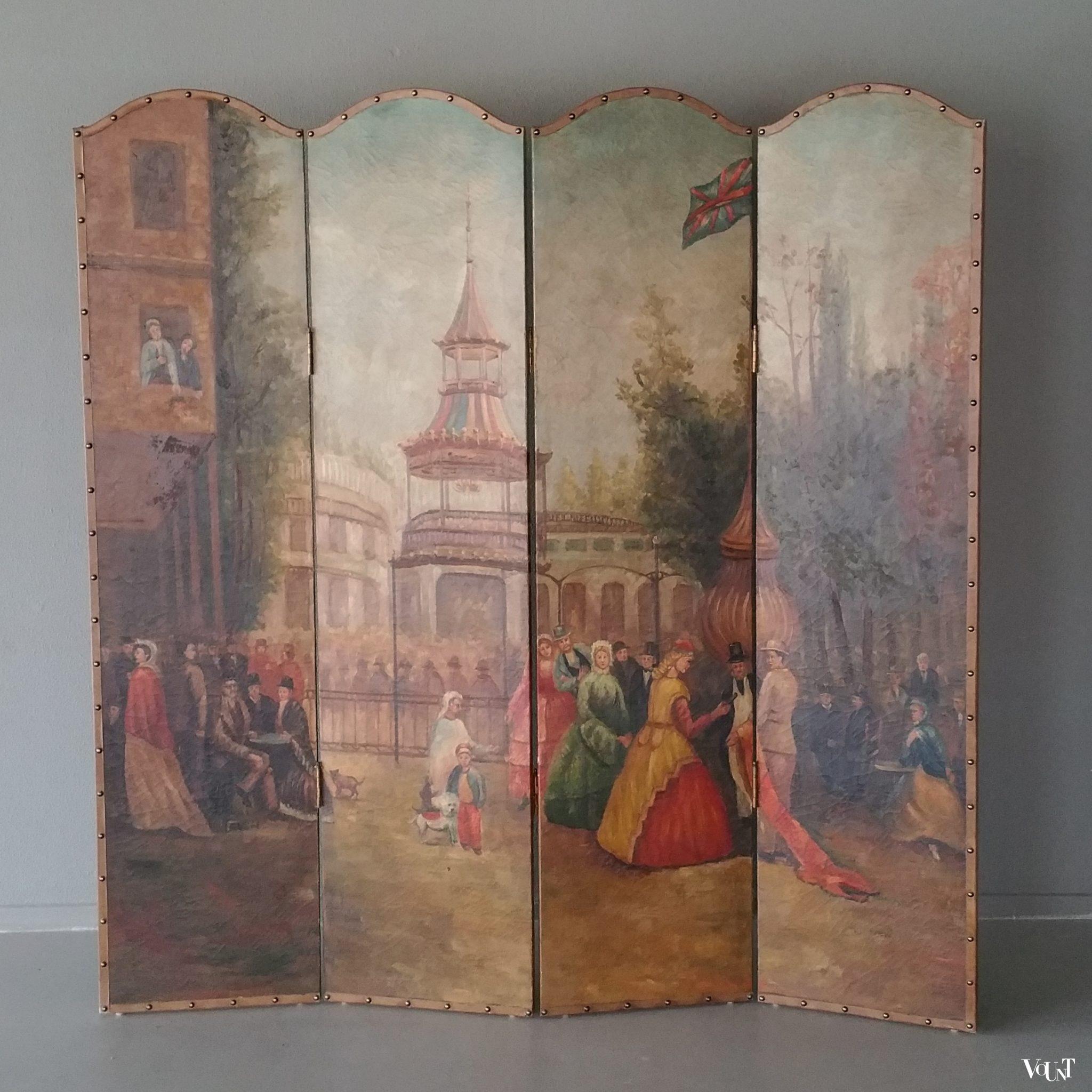 Vintage vierslags handbeschilderd kamerscherm, ca. jaren '50