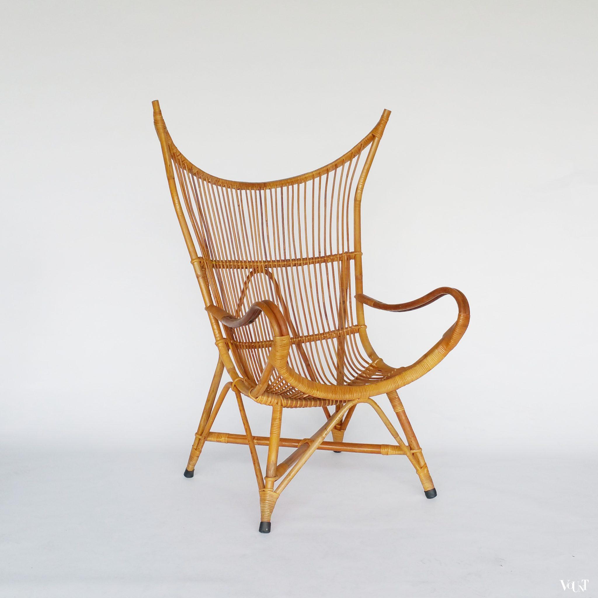 Vintage rotanstoel met hoge rug, jaren '50/'60