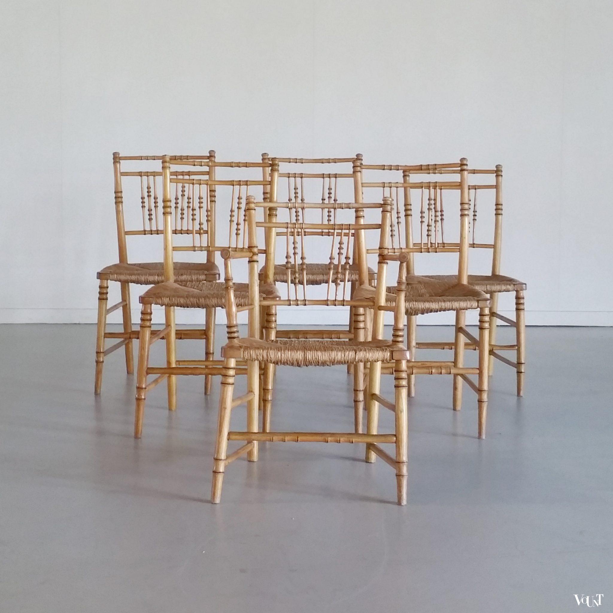 Set van 6 houten faux bamboo stoelen, 2e helft 19e eeuw