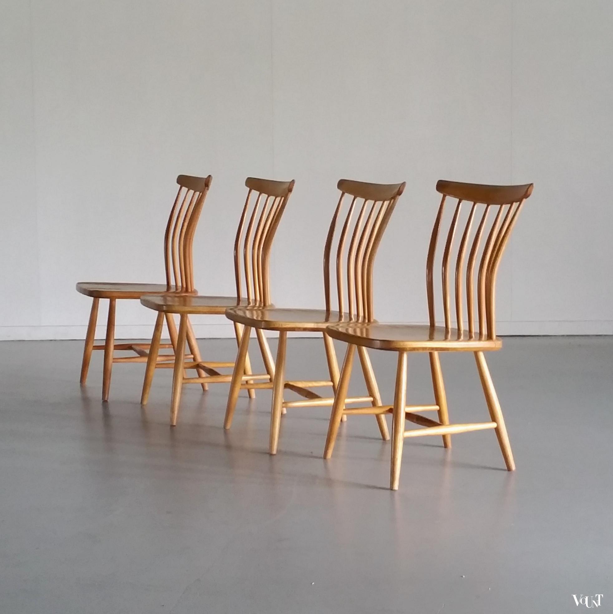 Set van 4 berkenhouten spijlenstoelen, Bengt Åkerblom en Gunnar Eklöf, Zweden, jaren '50