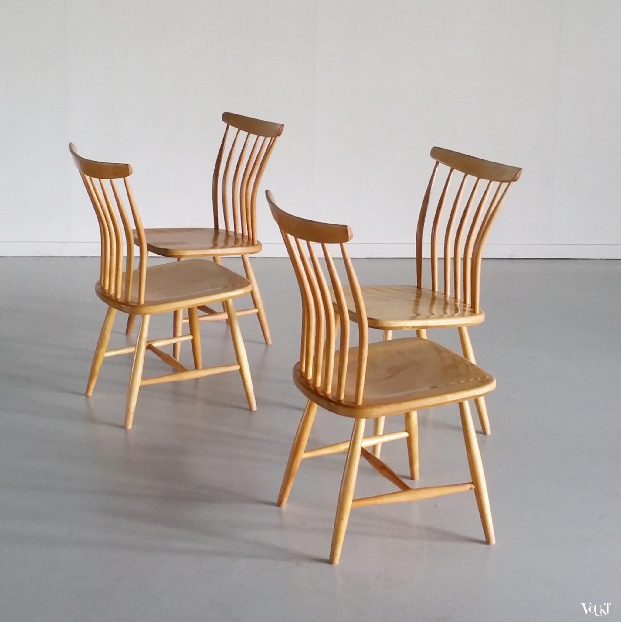 Set van 4 berkenhouten spijlenstoelen, Bengt Åkerblom en Gunnar Eklöf, Zweden, jaren '50