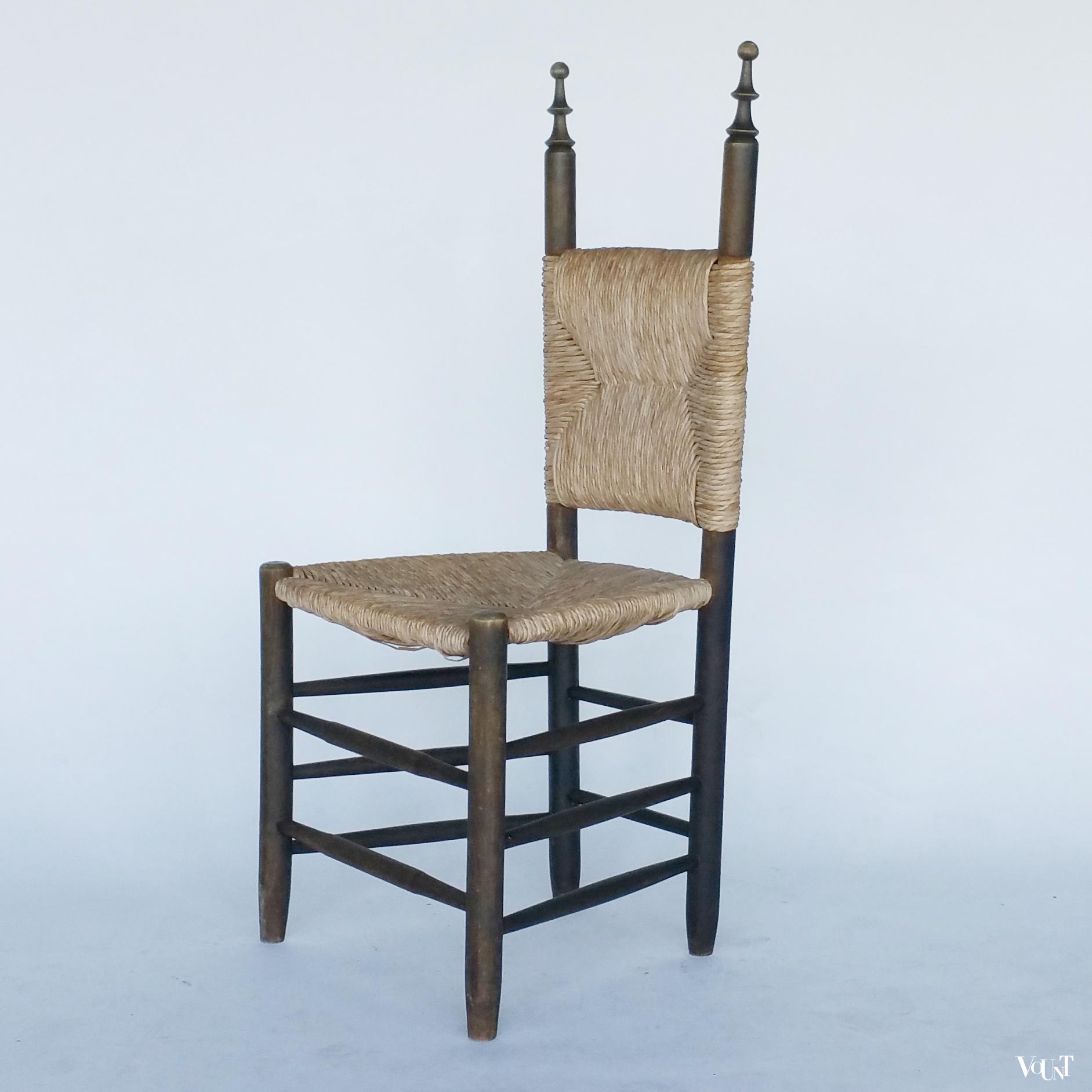 Vintage Spaanse houten stoel met biezen bekleding