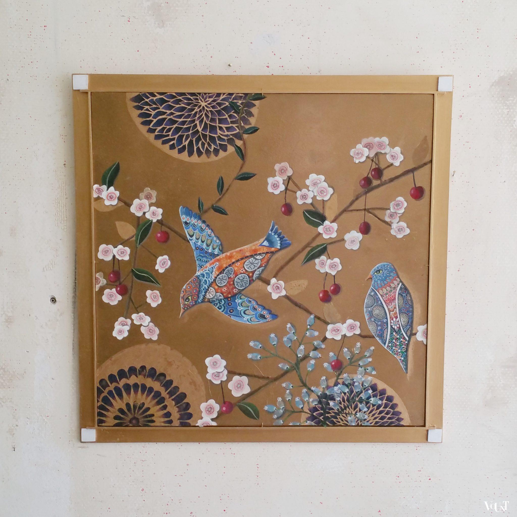 Schilderij met fantasievogels en bloesem, Sarah Latham, 2018