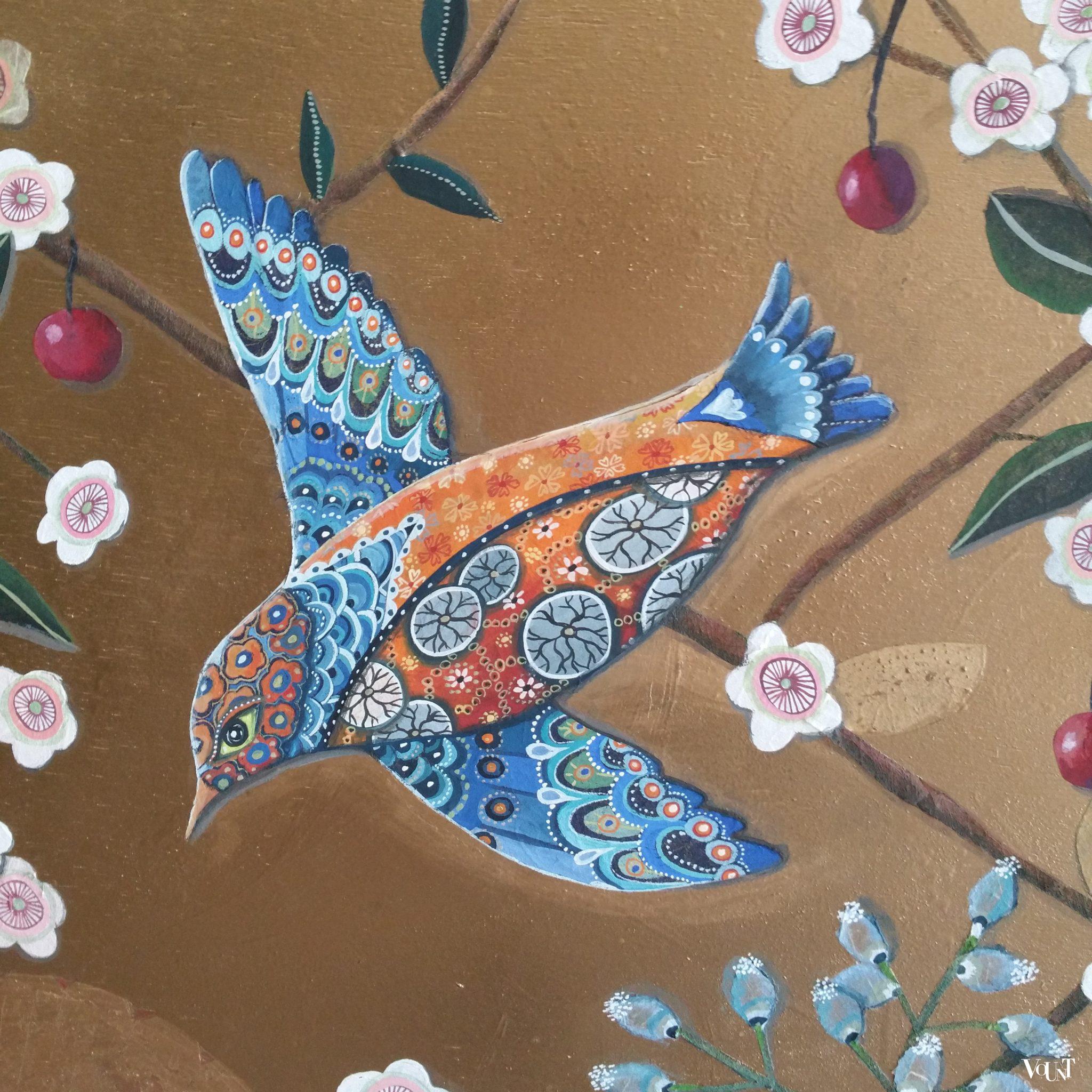 Schilderij met fantasievogels en bloesem, Sarah Latham, 2018