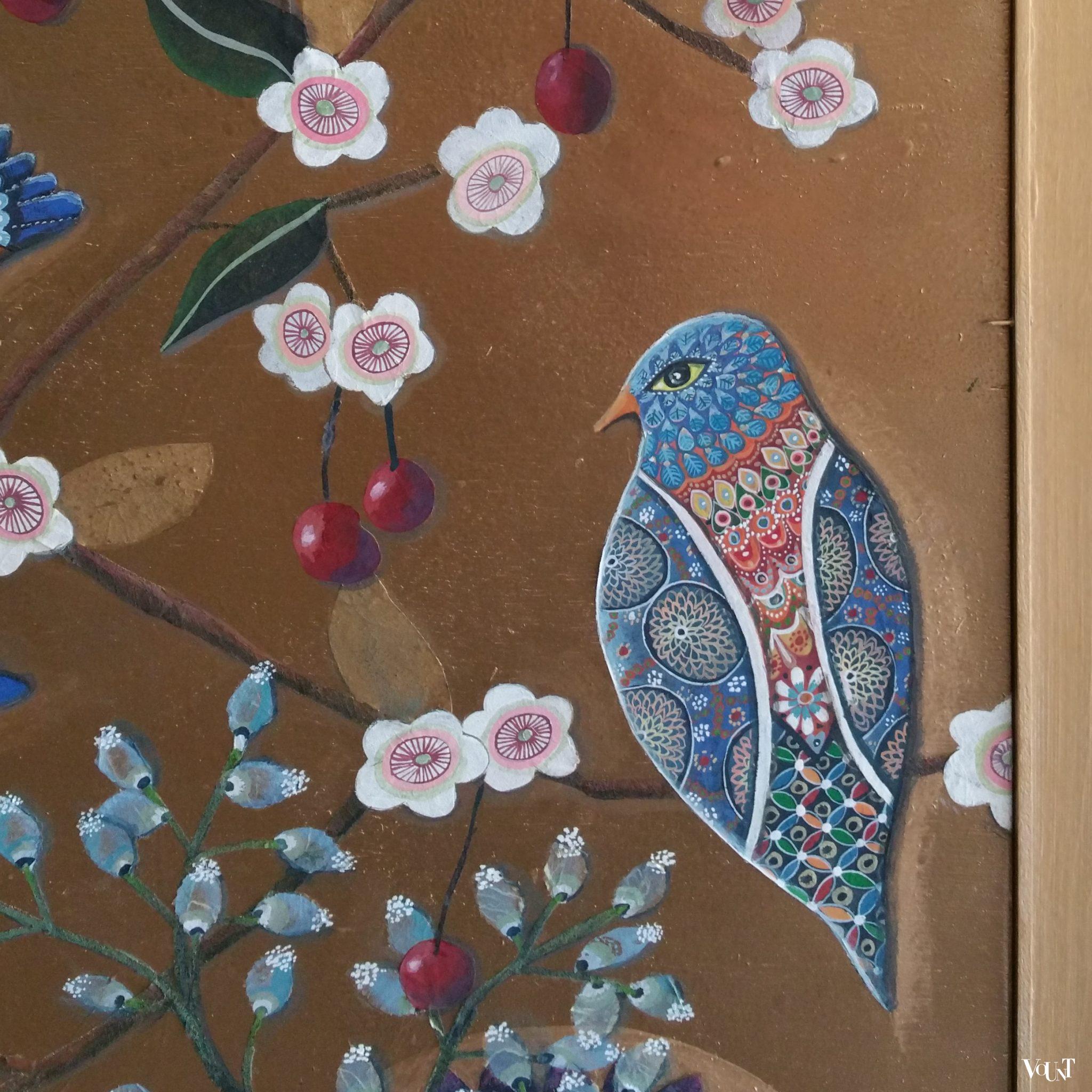 Schilderij met fantasievogels en bloesem, Sarah Latham, 2018