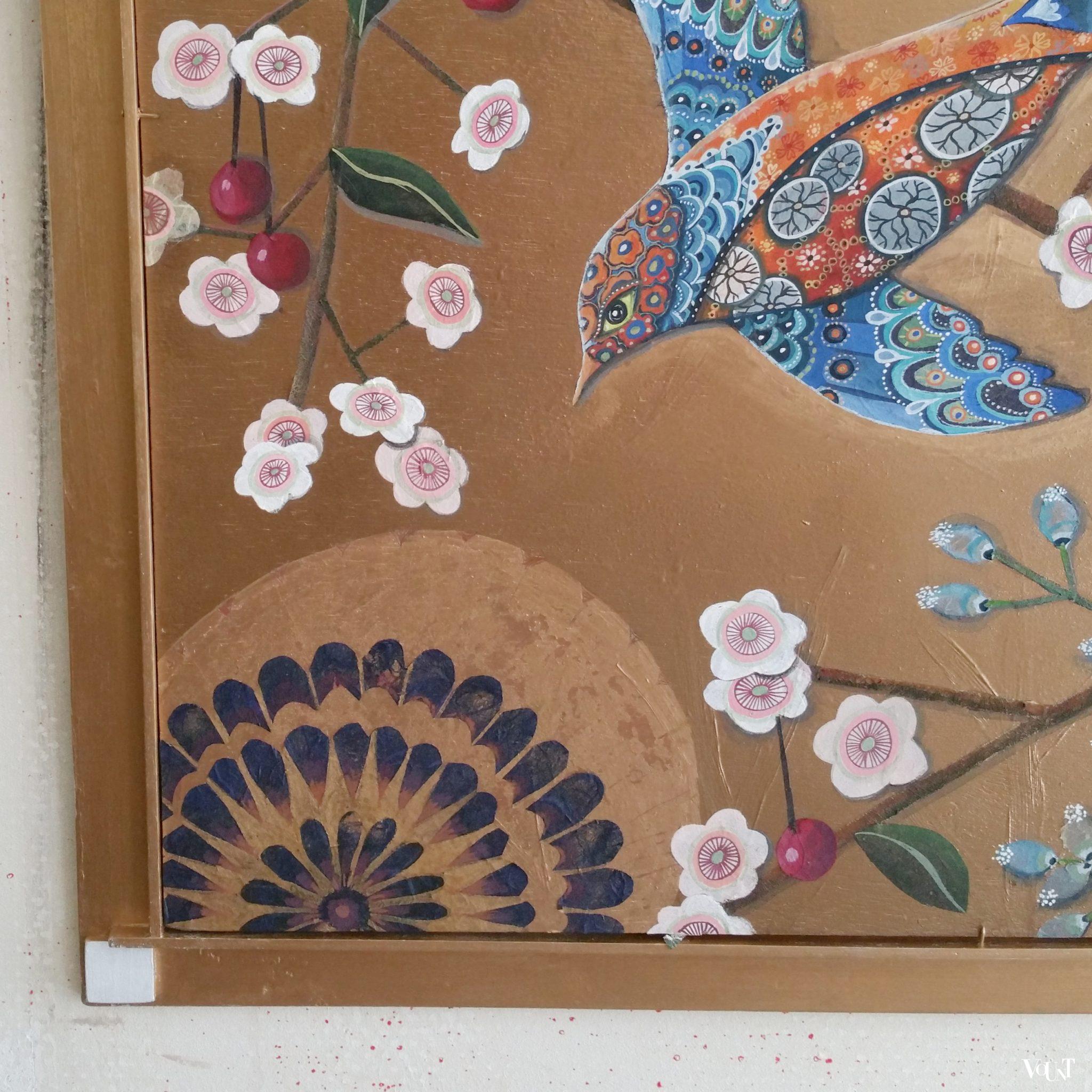 Schilderij met fantasievogels en bloesem, Sarah Latham, 2018