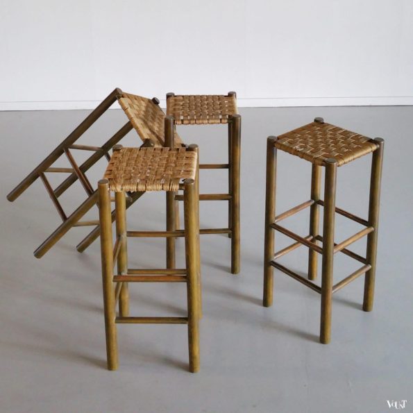 Set van 4 vintage houten barkrukken met touw