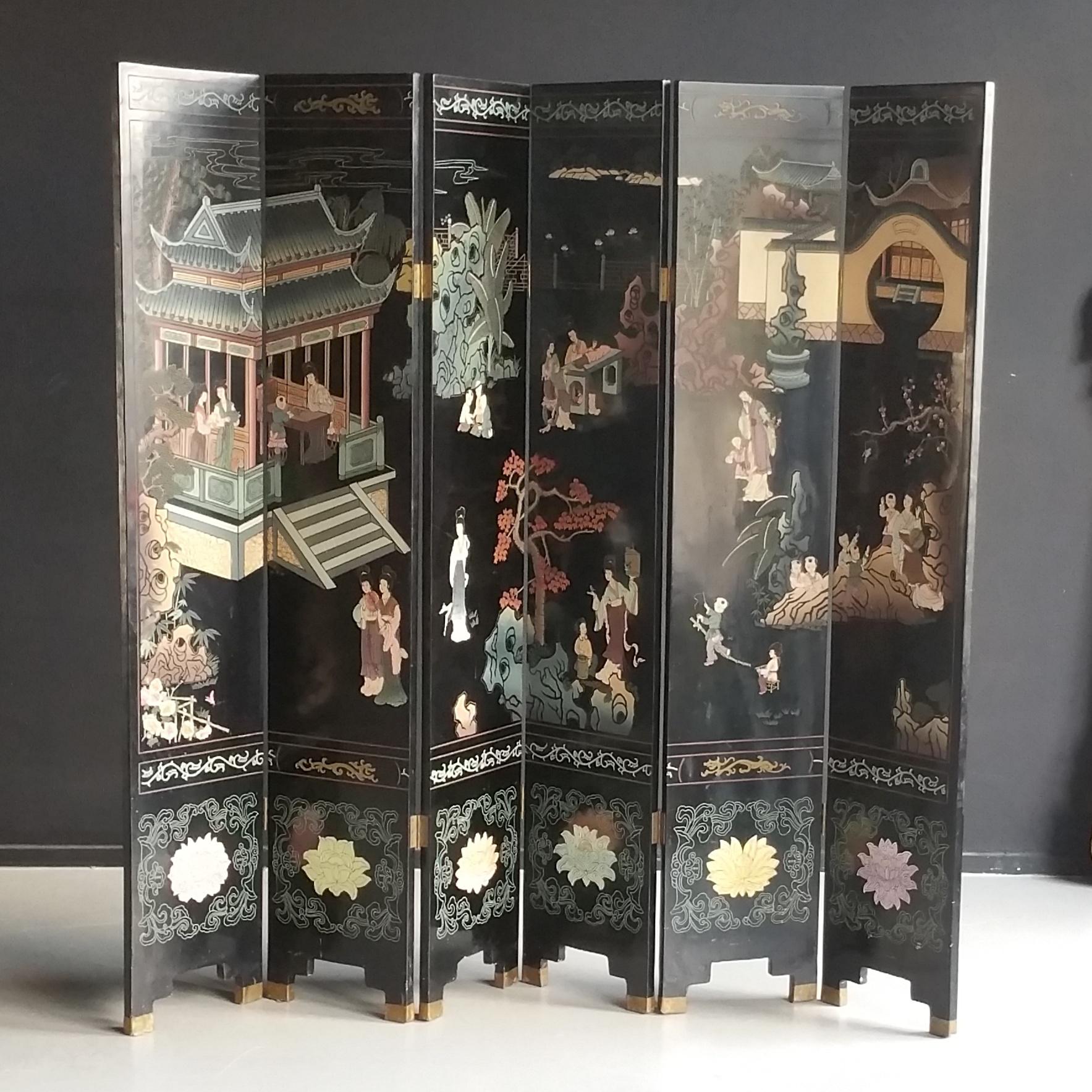 Vintage Aziatisch 6-slags kamerscherm, ca. jaren '60